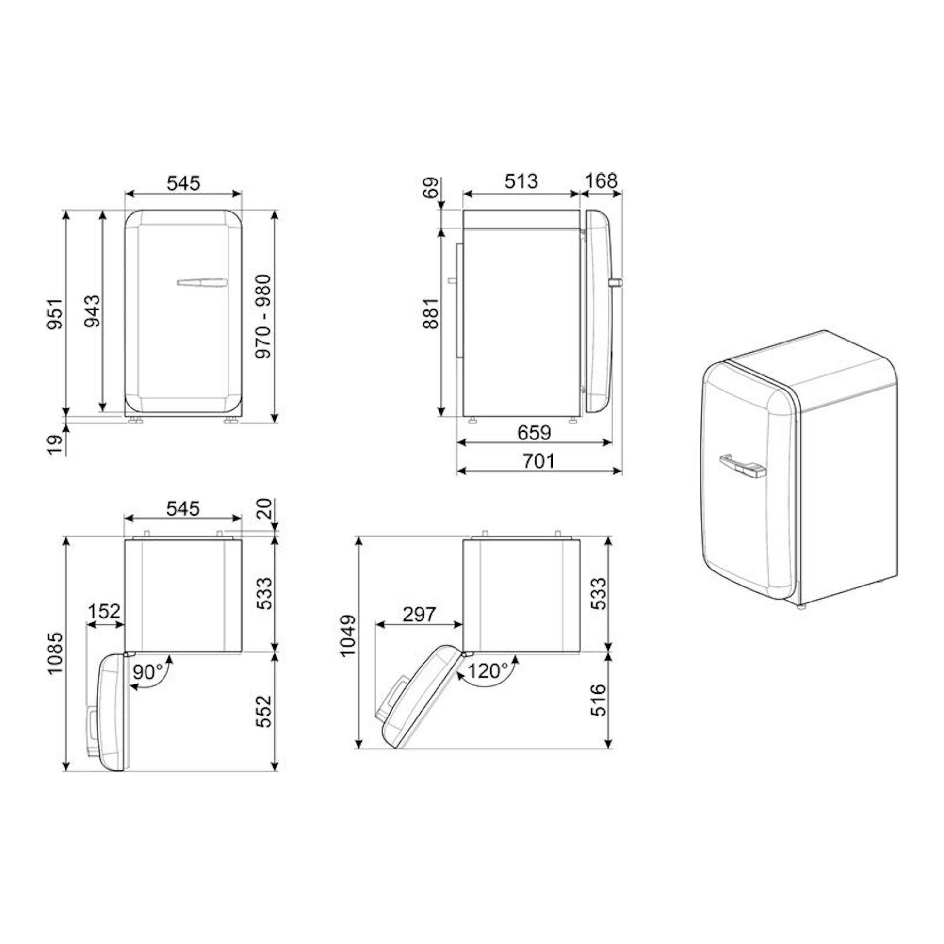 Smeg FAB10LOR6: esquema técnico de frigorífico de una puerta, vistas frontal, lateral e isométrica, con medidas.