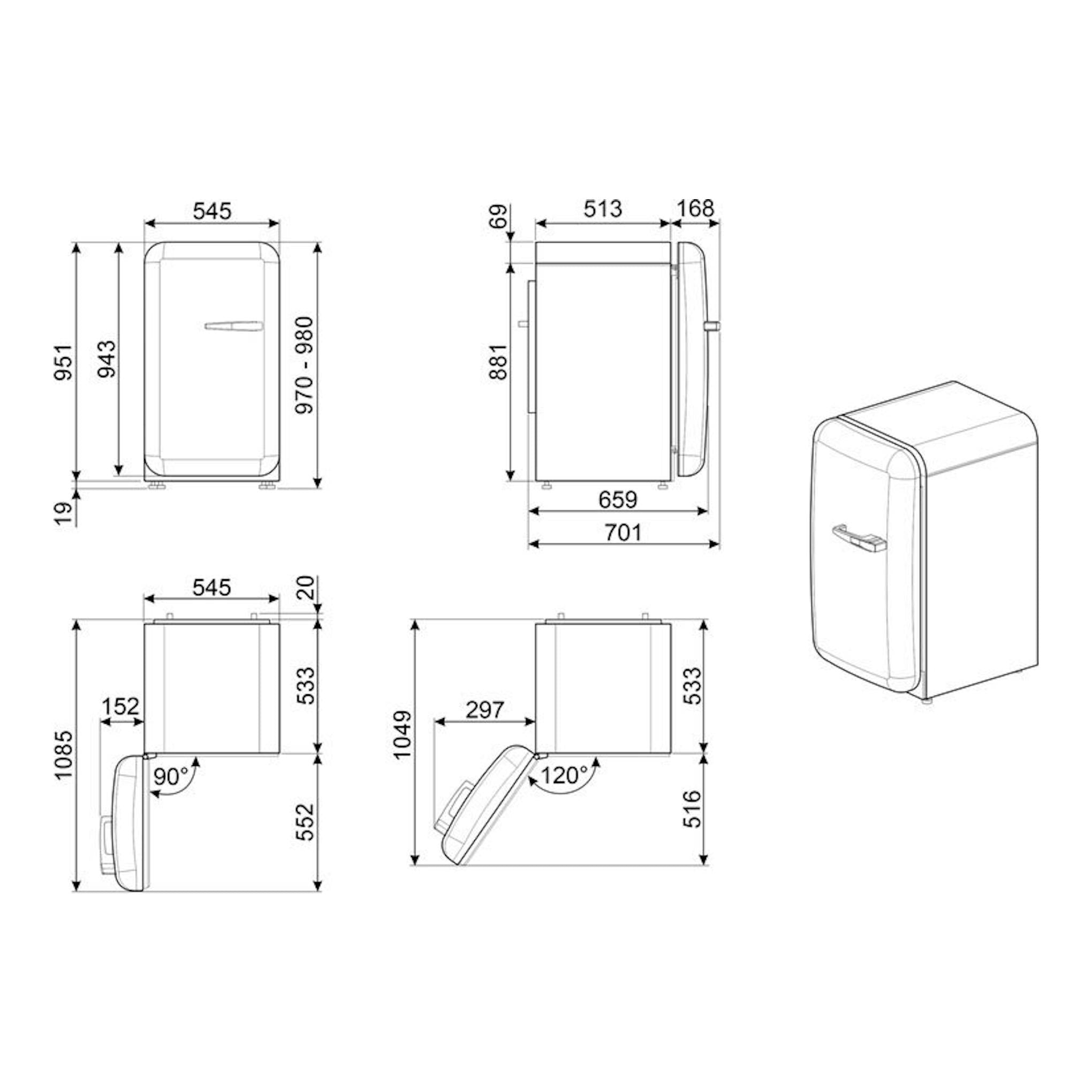Plano técnico del frigorífico Smeg FAB10LRD6 rojo, con vistas frontal, lateral, superior e isométrica.