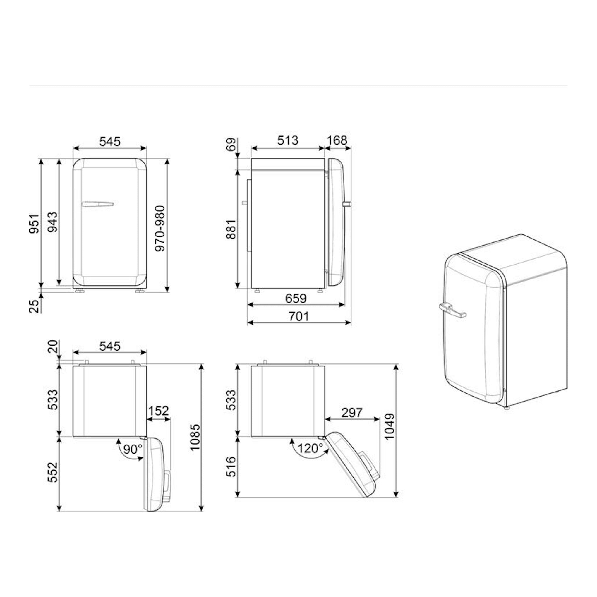 Smeg FAB10RBL6, frigorífico negro de una puerta, con vistas frontal, lateral e isométrica y medidas.