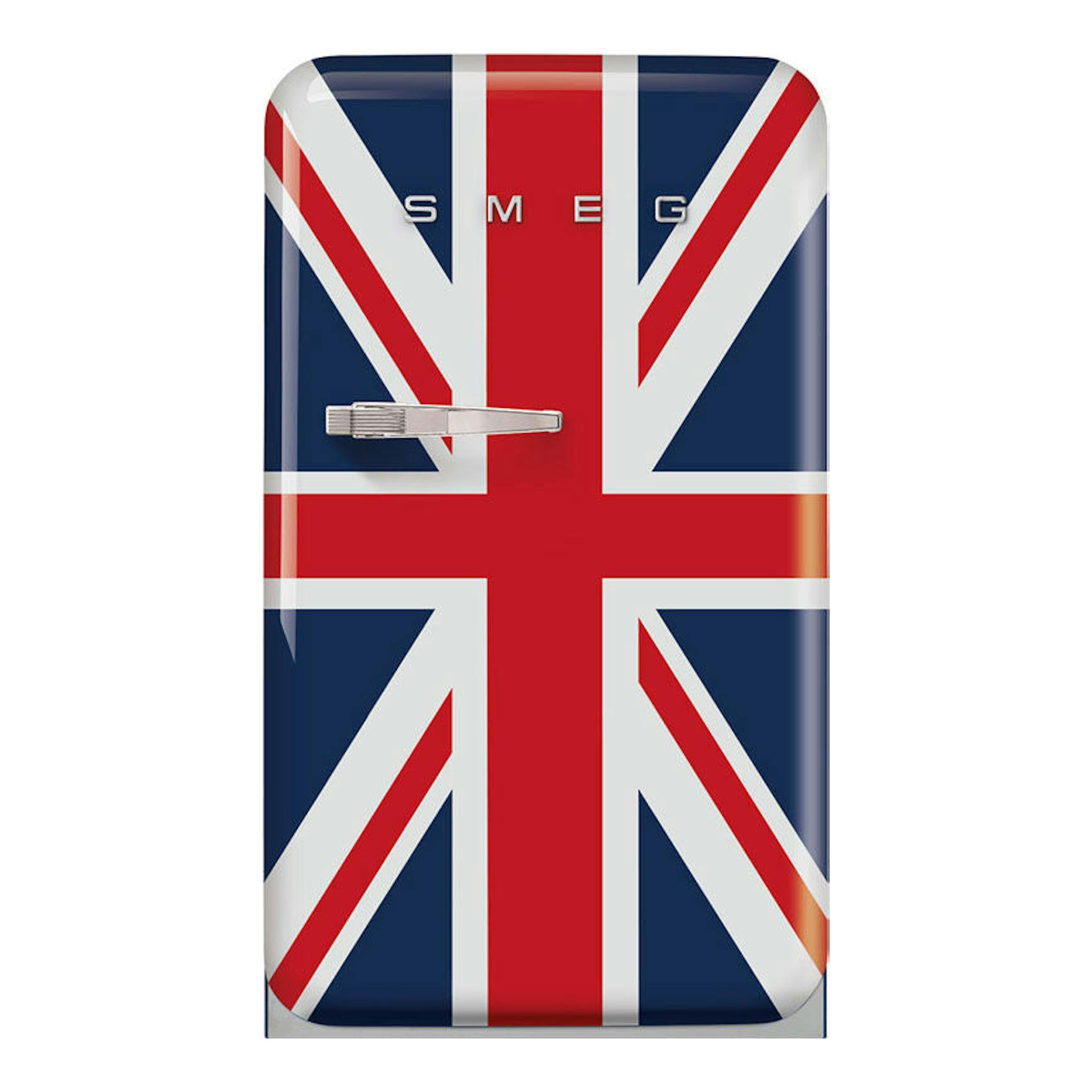 Frigorífico Smeg FAB10RDUJ5, vista frontal, con diseño Union Jack en azul, rojo y blanco.