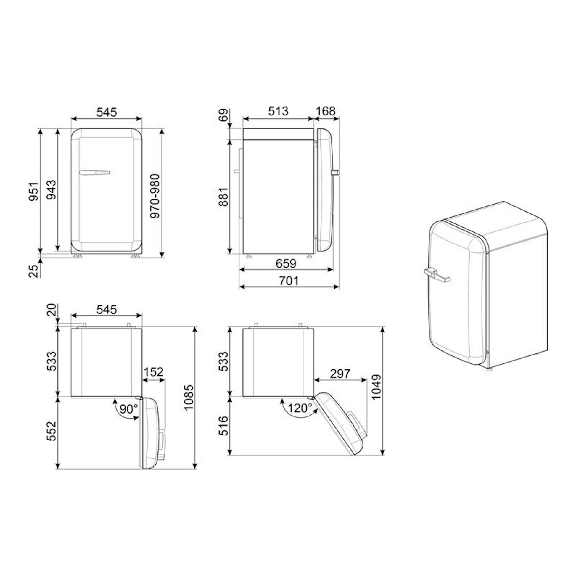 Dibujo técnico del frigorífico Smeg FAB10ROR6 naranja, con vistas frontal, lateral e isométrica y medidas.