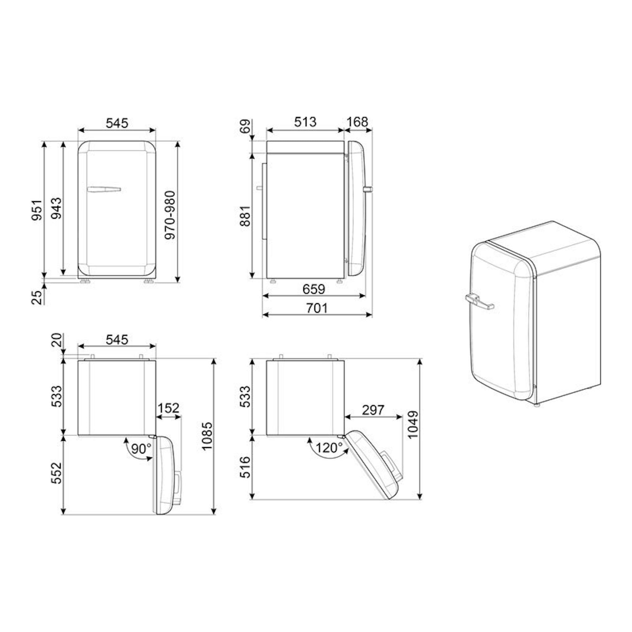 Dibujo técnico del frigorífico Smeg FAB10ROR6 naranja, con vistas frontal, lateral e isométrica y medidas.