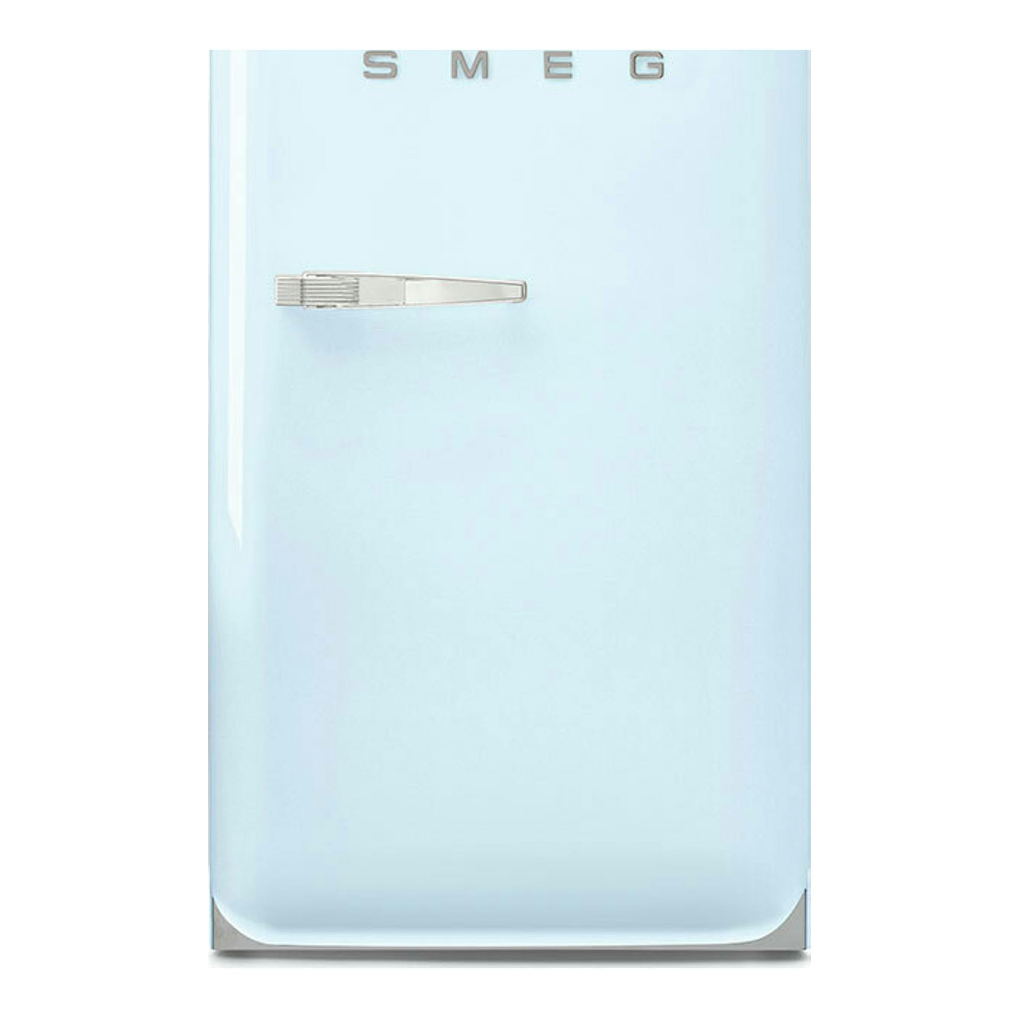 Frigorífico Smeg FAB10RPB6 azul claro, vista frontal, con una puerta y tirador cromado.