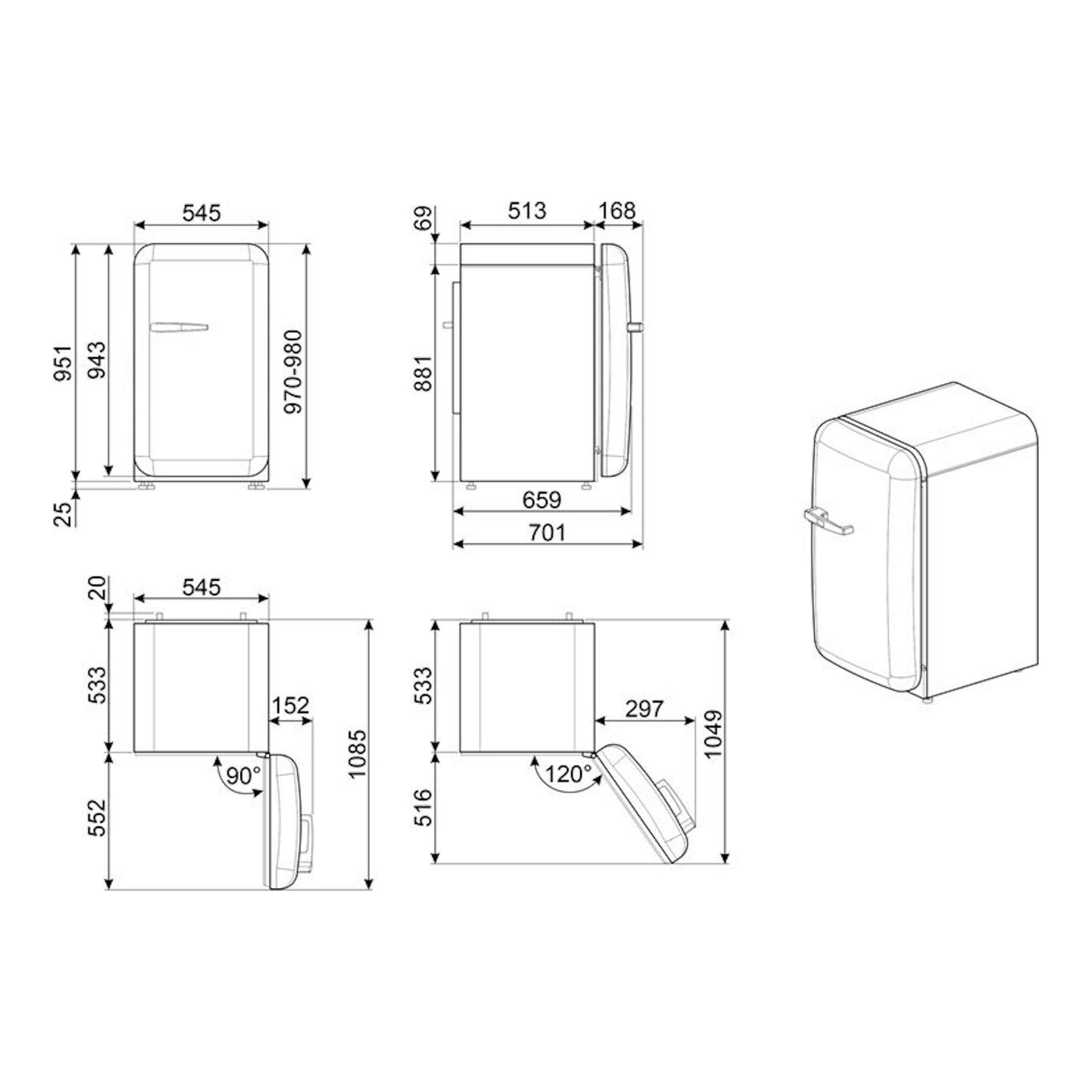 Plano técnico del frigorífico Smeg FAB10RPB6, con vistas frontal, lateral e isométrica y cotas.