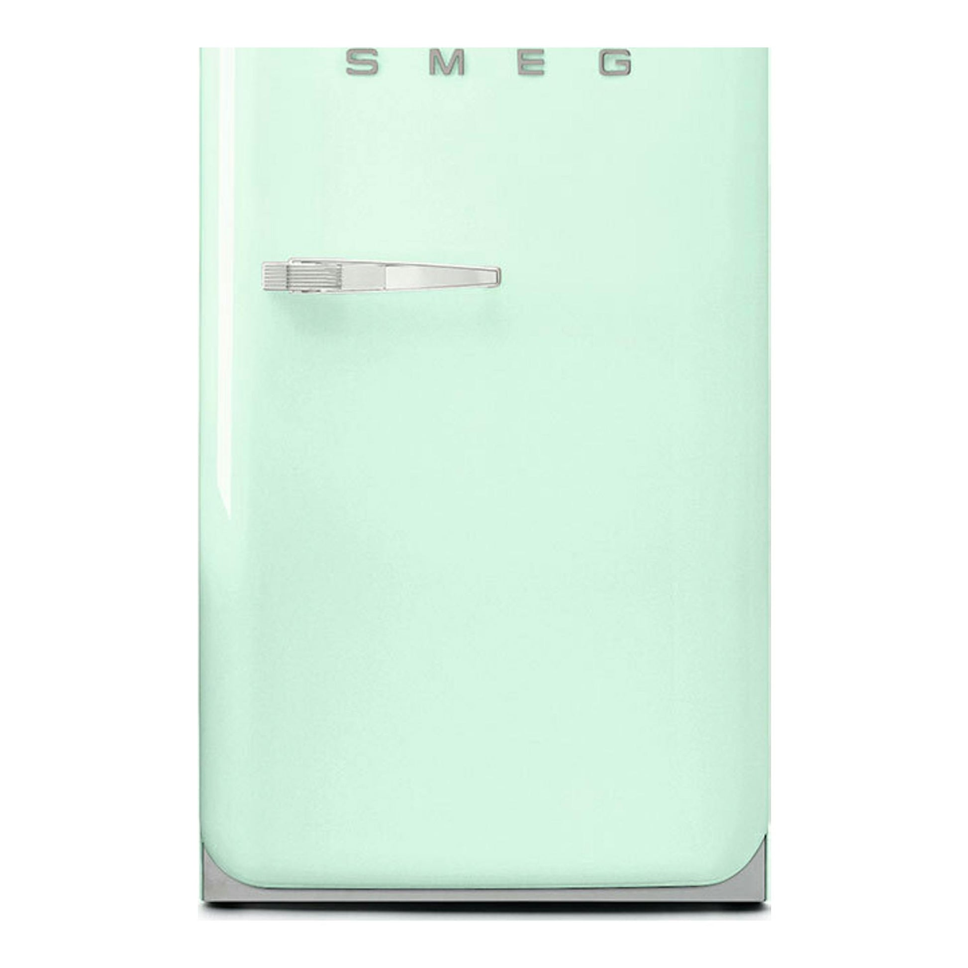Frigorífico Smeg FAB10RPG6 verde agua, vista frontal, con una puerta y tirador cromado.