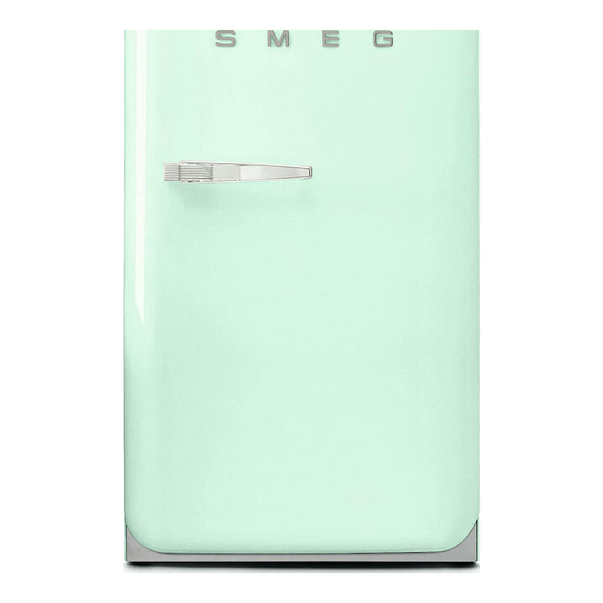 Frigorífico Smeg FAB10RPG6 verde agua, vista frontal, con una puerta y tirador cromado.