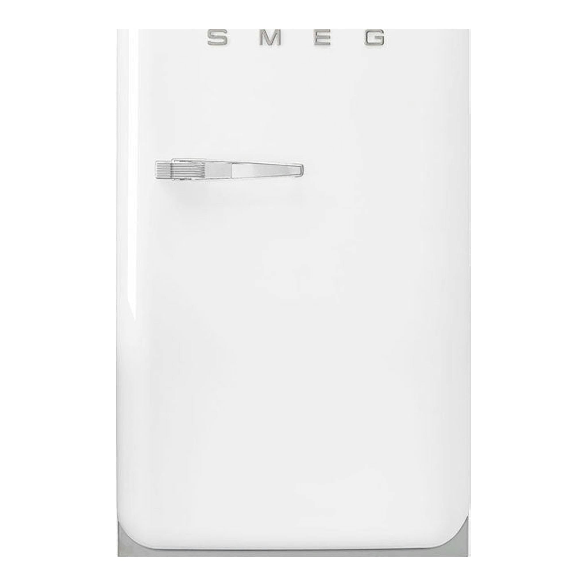 Frigorífico Smeg FAB10RWH5 blanco, vista frontal, de una puerta, con tirador horizontal y logo Smeg.