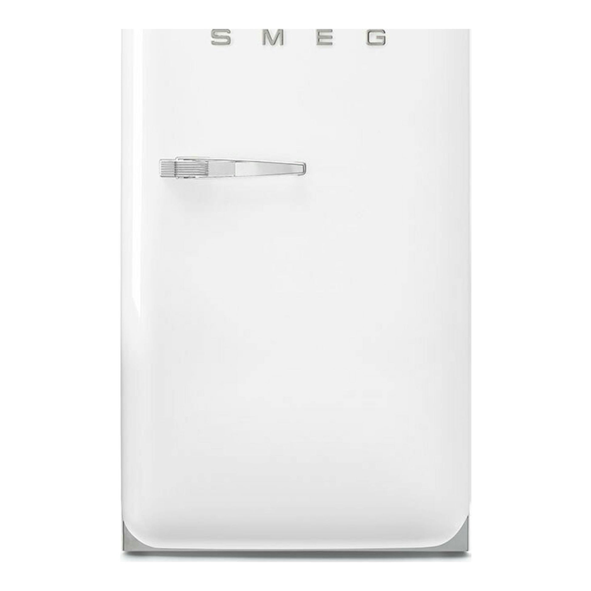 Frigorífico Smeg FAB10RWH6 blanco, vista frontal, una puerta con tirador cromado.