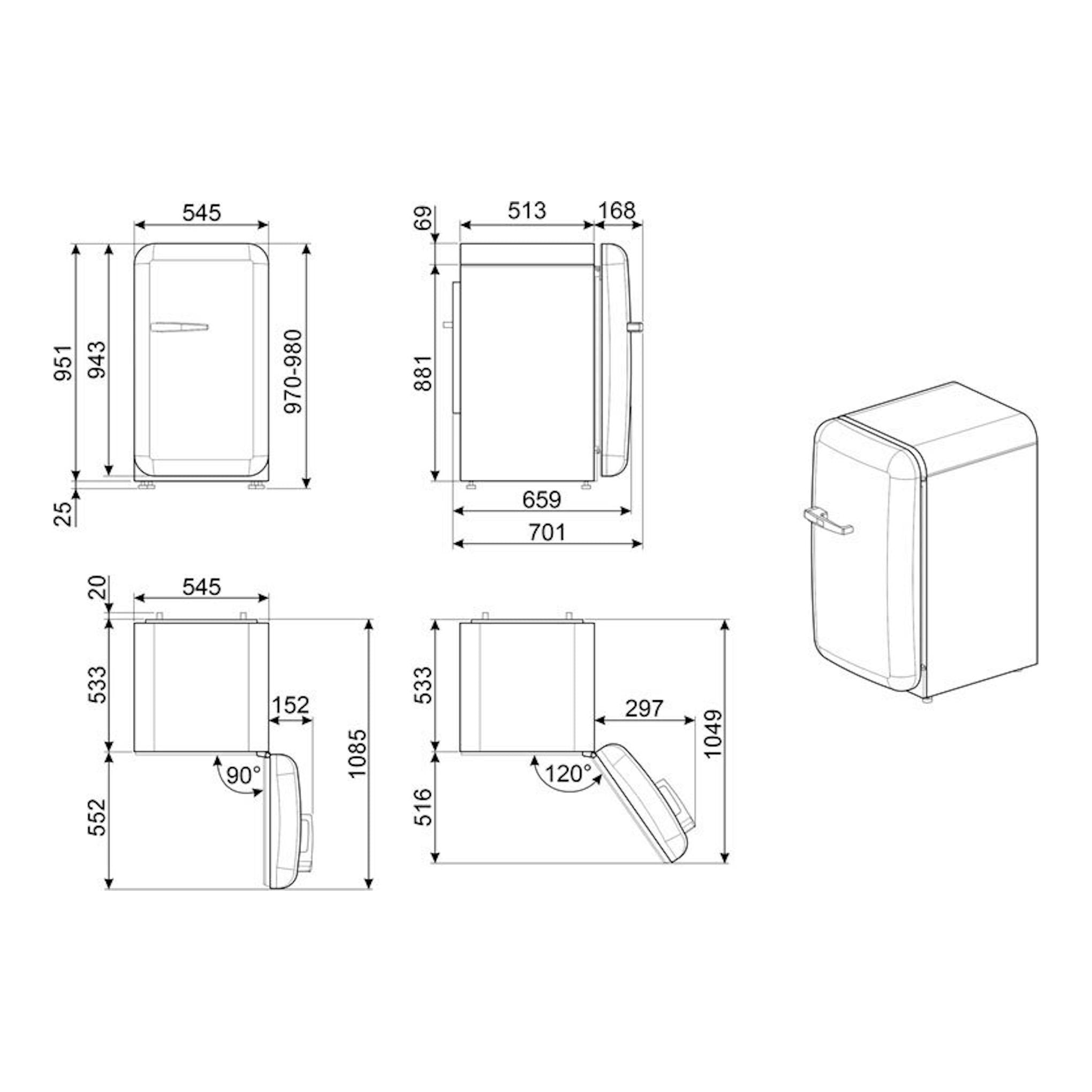 Smeg FAB10RWH6 blanco, frigorífico de una puerta, vistas frontal, lateral e isométrica con medidas técnicas.