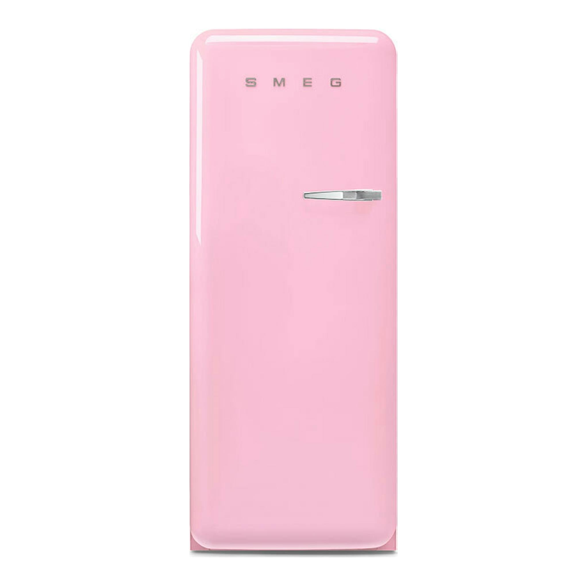 Frigorífico Smeg FAB28LPK6 rosa, vista frontal de una puerta con tirador cromado.