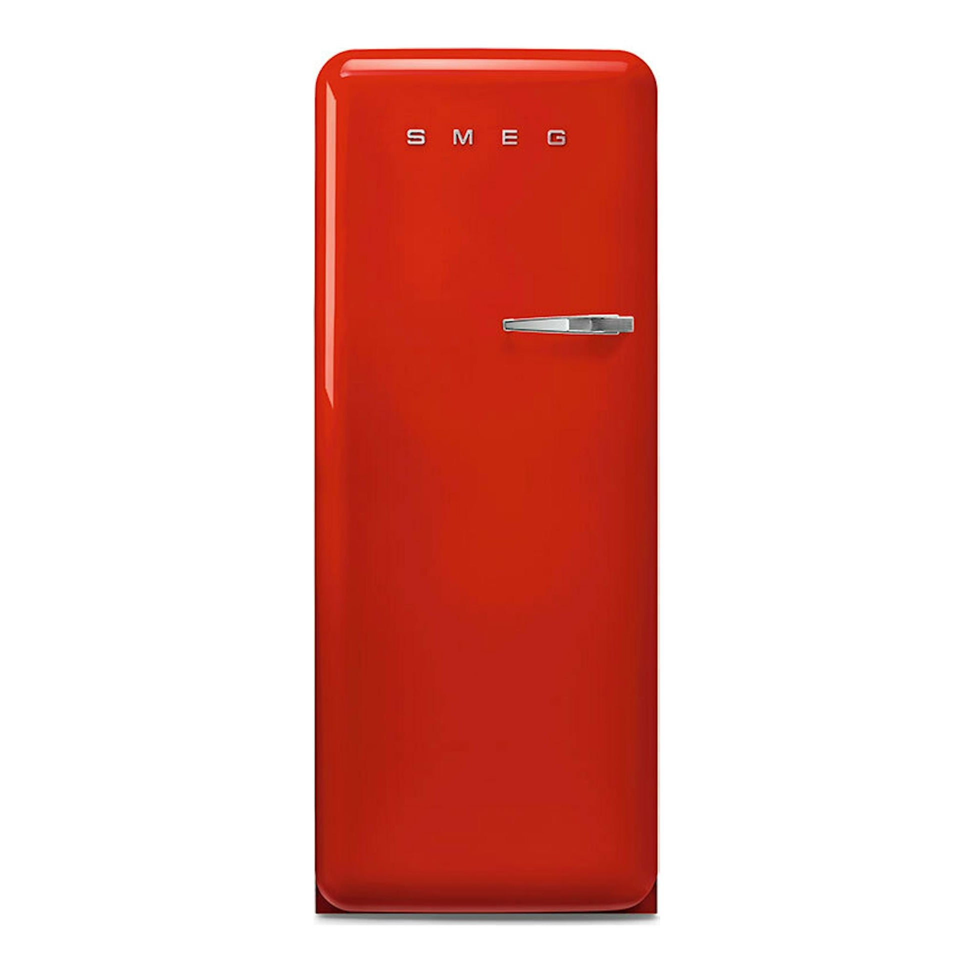 Frigorífico Smeg FAB28LRD6 rojo, vista frontal, con una puerta y tirador cromado.