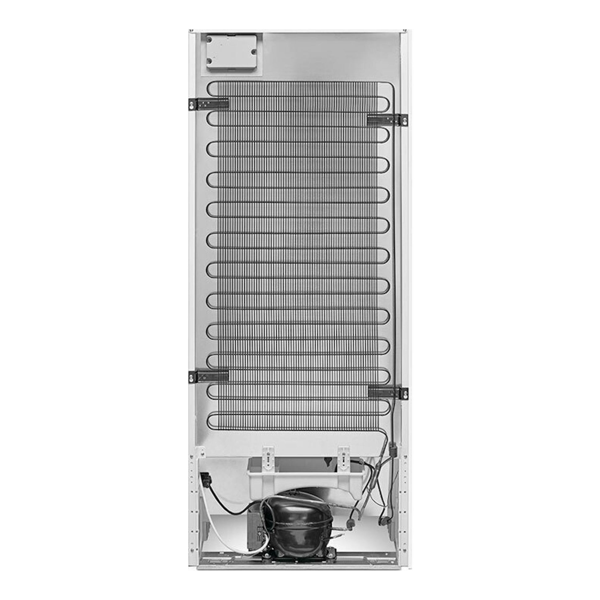 Trasera de frigorífico Smeg FAB28LWH6 blanco, con serpentín y compresor visibles.