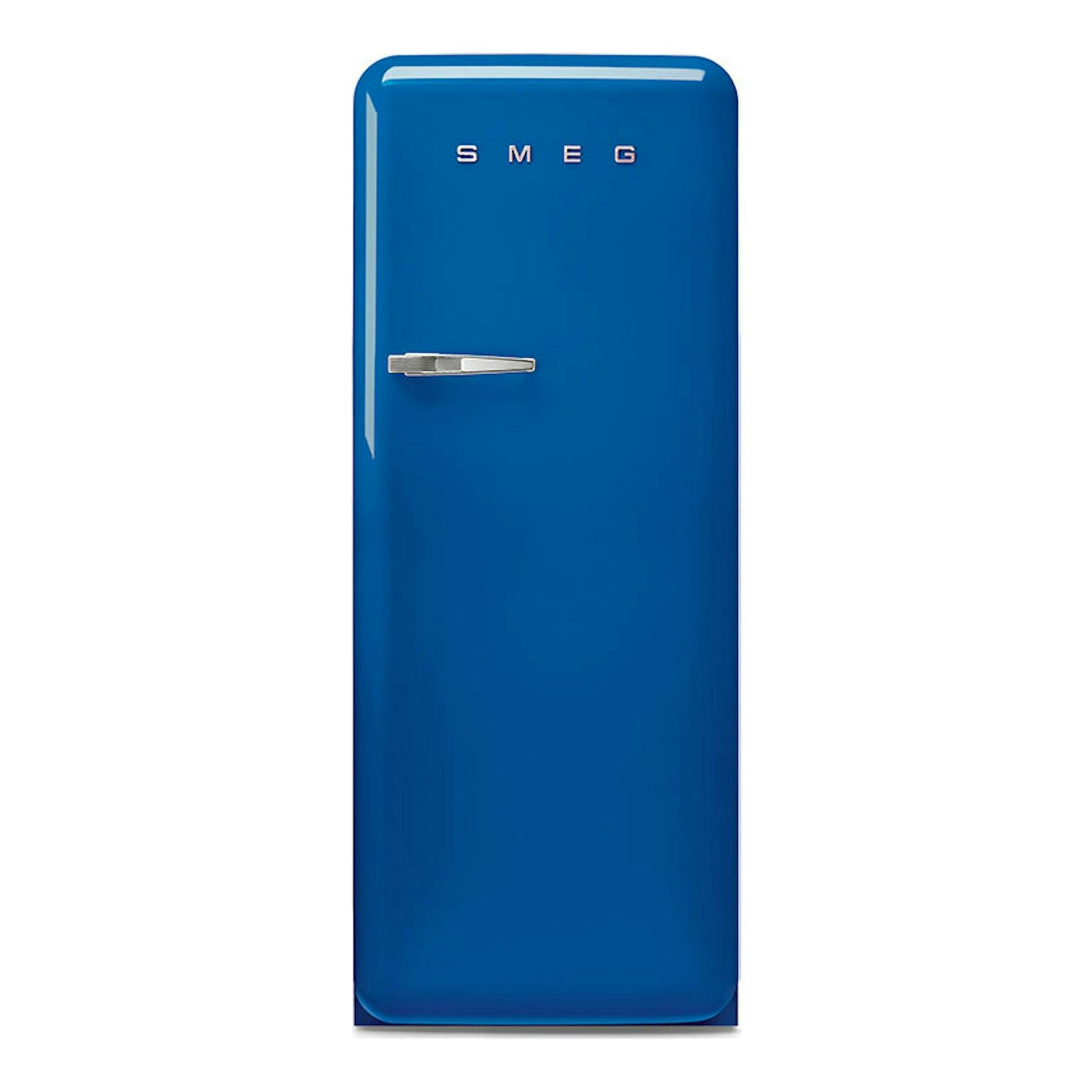 Frigorífico Smeg FAB28RBE6 azul, vista frontal, con una puerta y tirador metálico.
