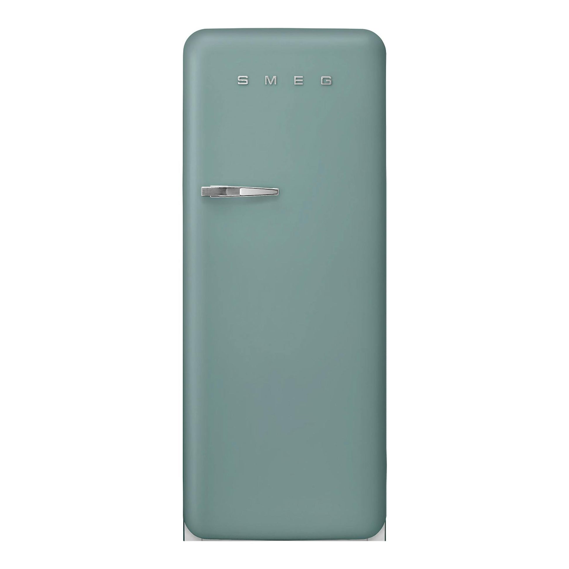 Frigorífico Smeg FAB28RDEG6 verde, vista frontal, puerta única con tirador cromado.
