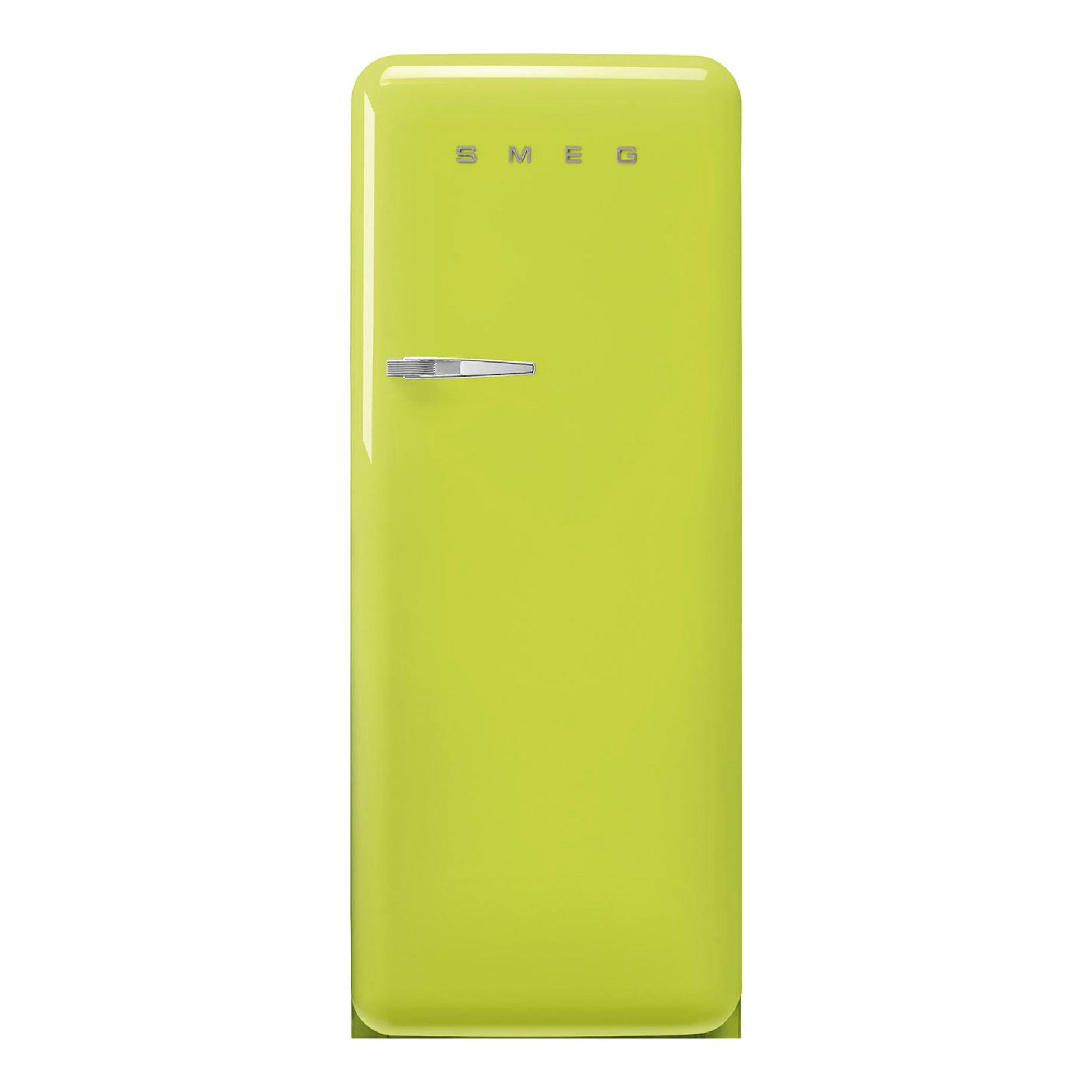 Frigorífico Smeg FAB28RLI6 verde limón, vista frontal de una puerta con tirador cromado.