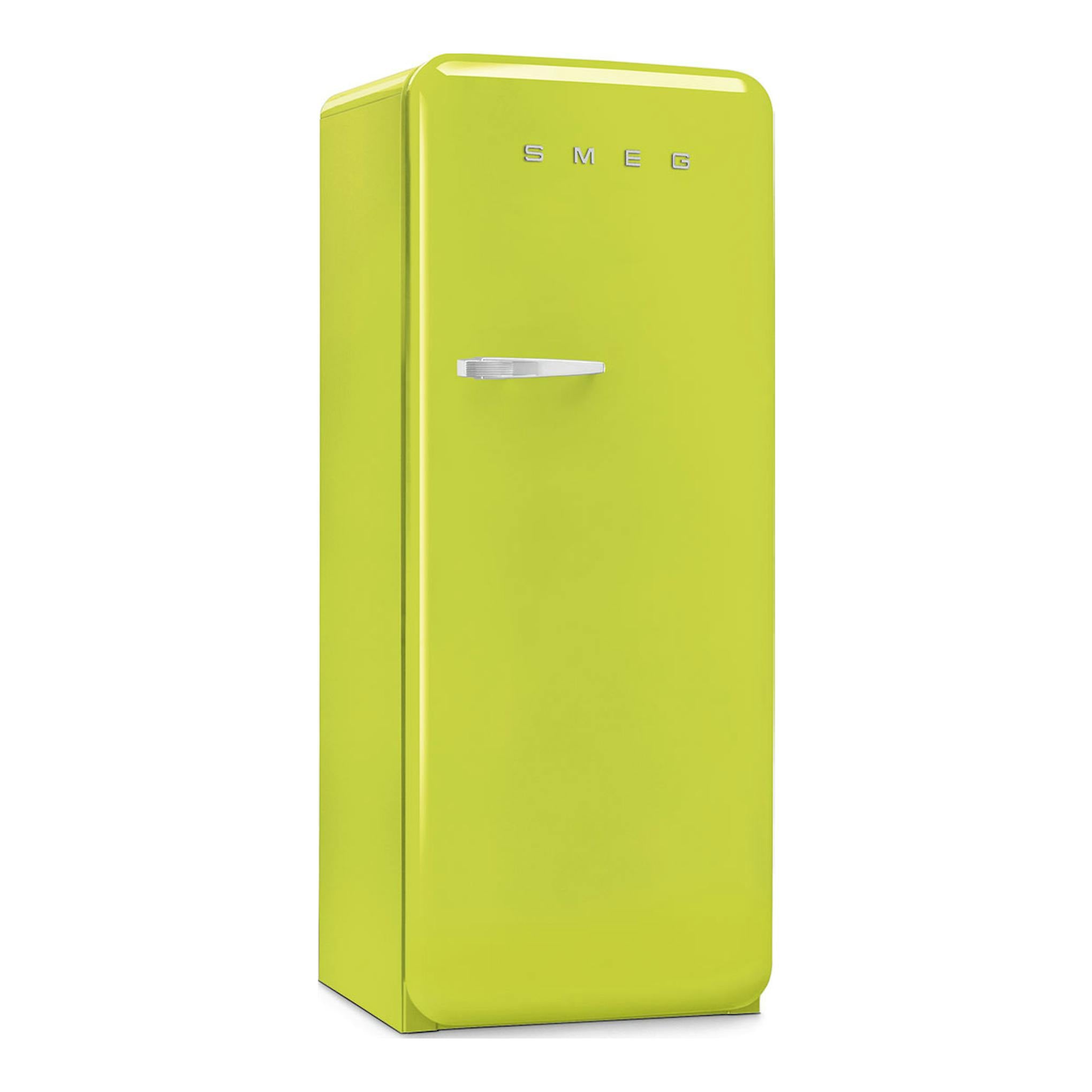 Frigorífico Smeg FAB28RLI6 verde limón, vista frontal ligeramente lateral, de una puerta con tirador cromado.