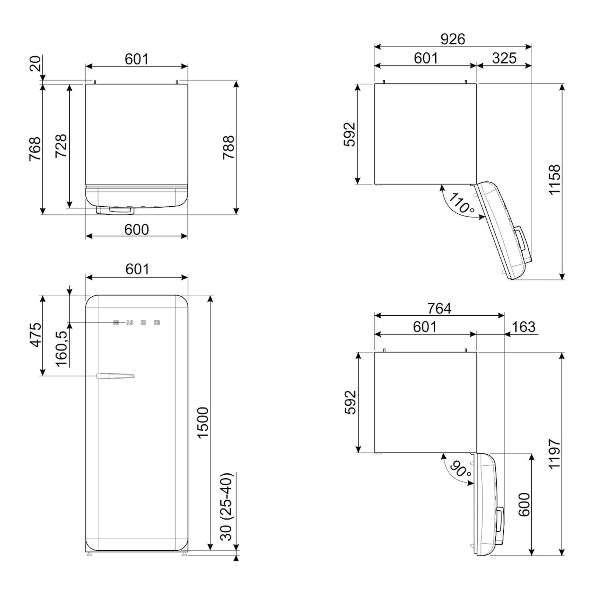 Plano técnico del frigorífico Smeg FAB28RLI6, con vistas frontal, lateral y superior y cotas en mm.