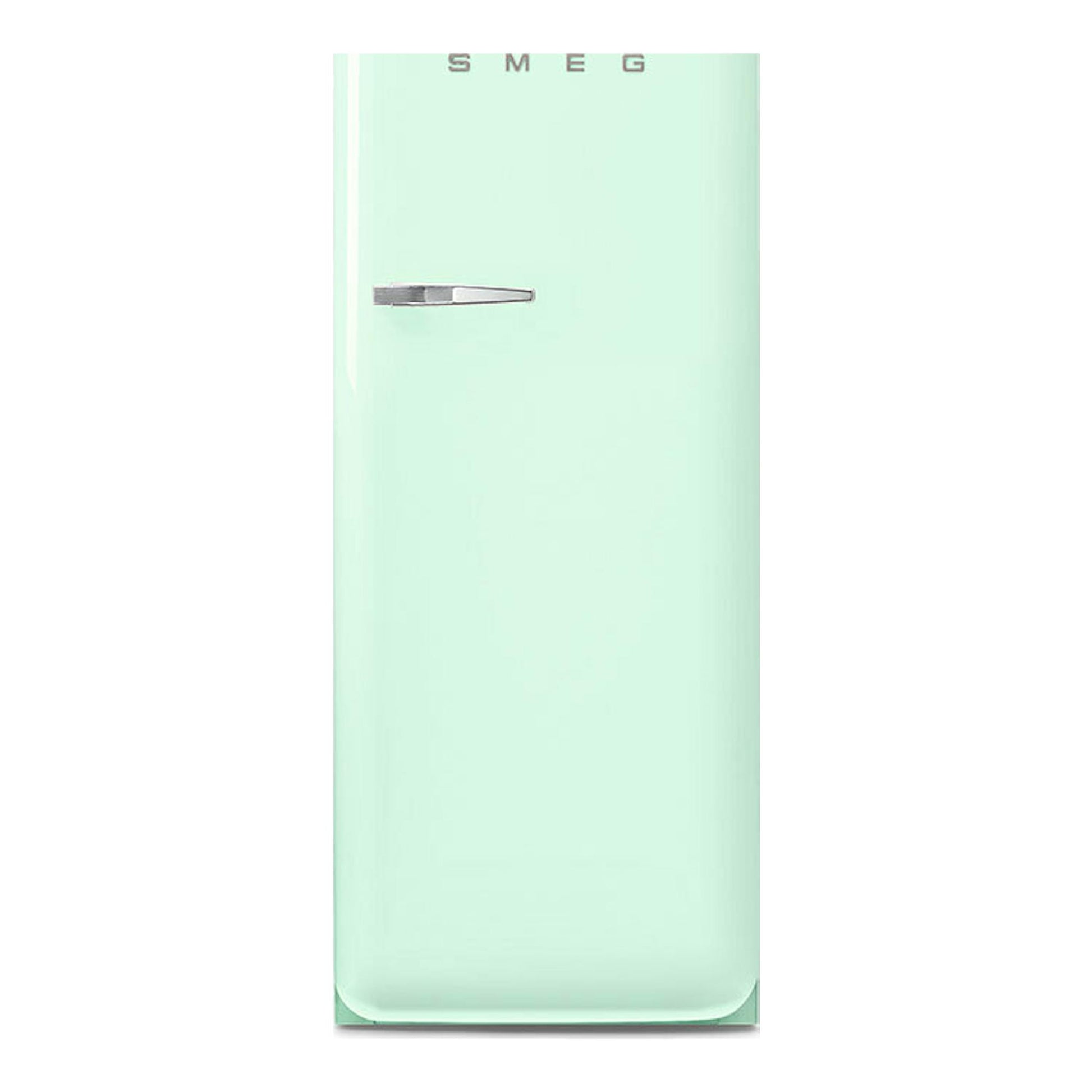 Frigorífico Smeg FAB28RPG6 verde agua, vista frontal, con puerta única y tirador metálico.