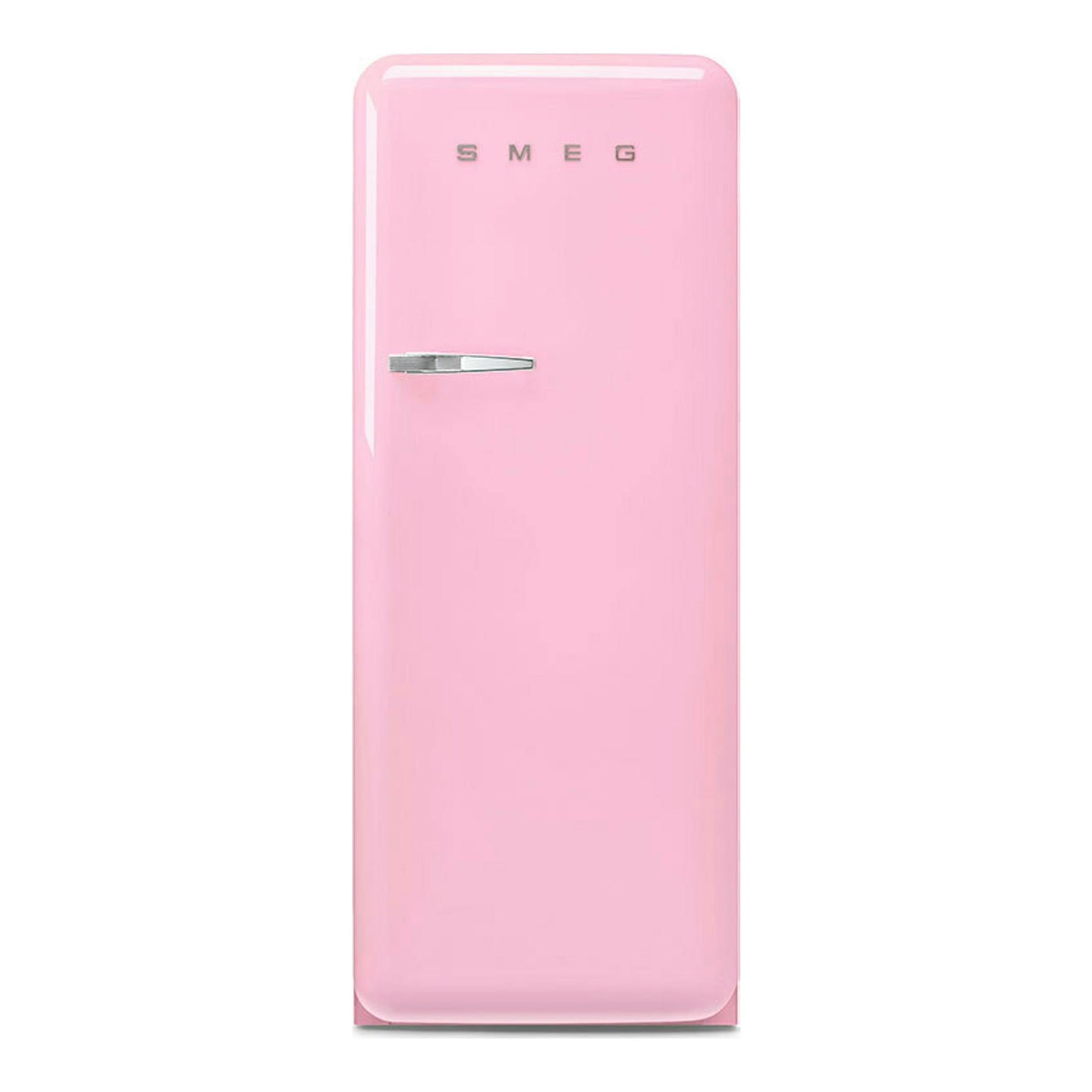Frigorífico Smeg FAB28RPK6 rosa, vista frontal de una puerta, con tirador cromado.