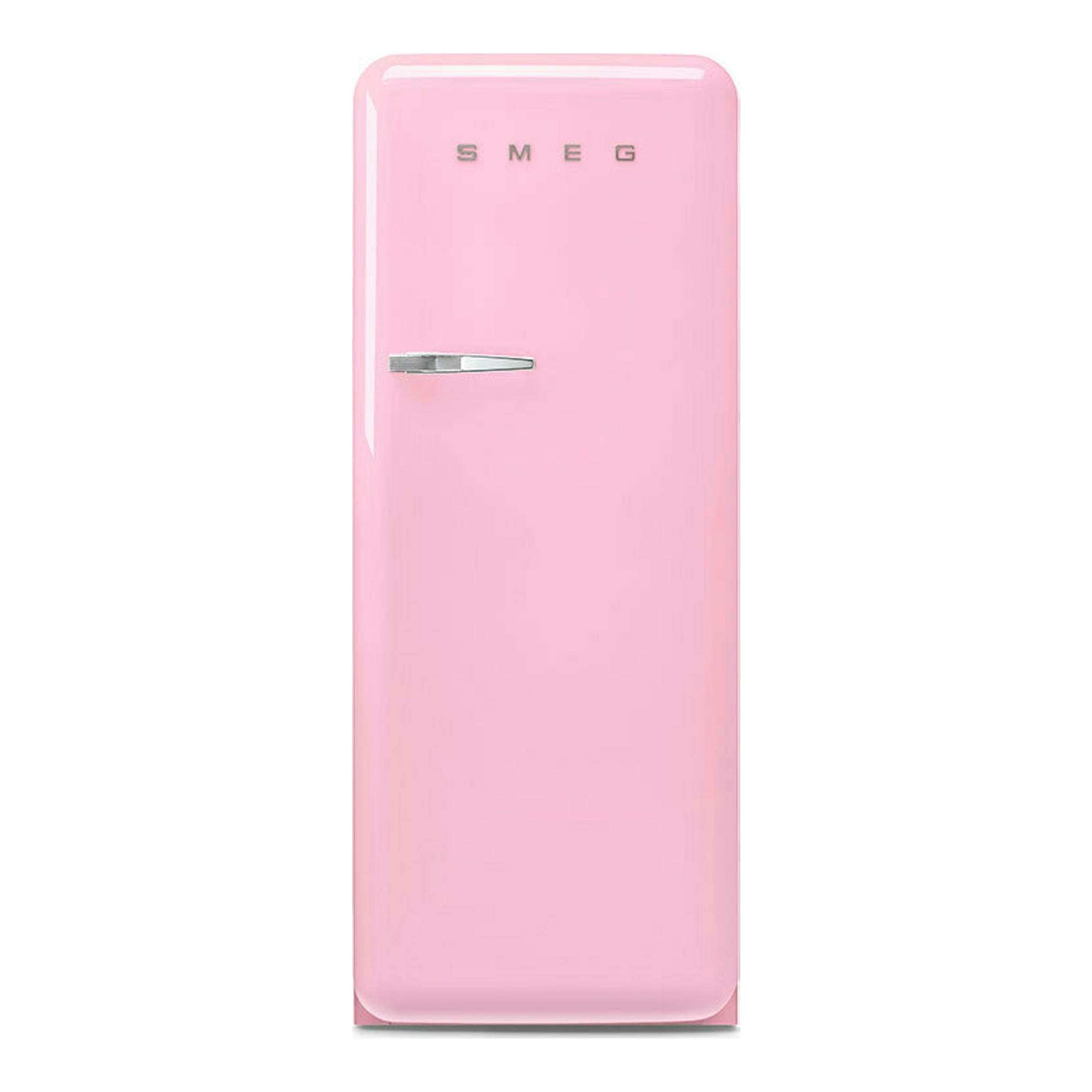 Frigorífico Smeg FAB28RPK6 rosa, vista frontal de una puerta, con tirador cromado.