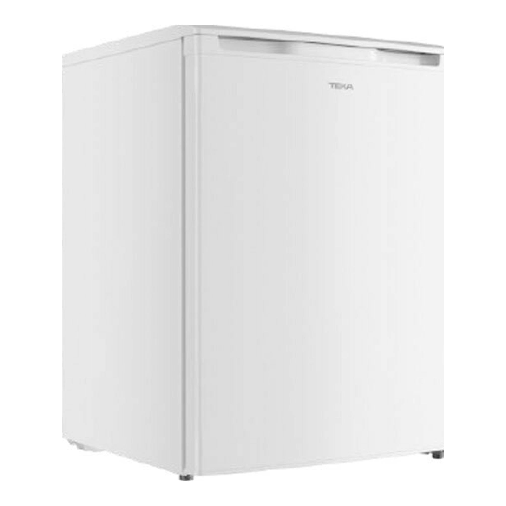 Frigorífico Teka blanco de una puerta, vista frontal en ángulo con lateral izquierdo visible.