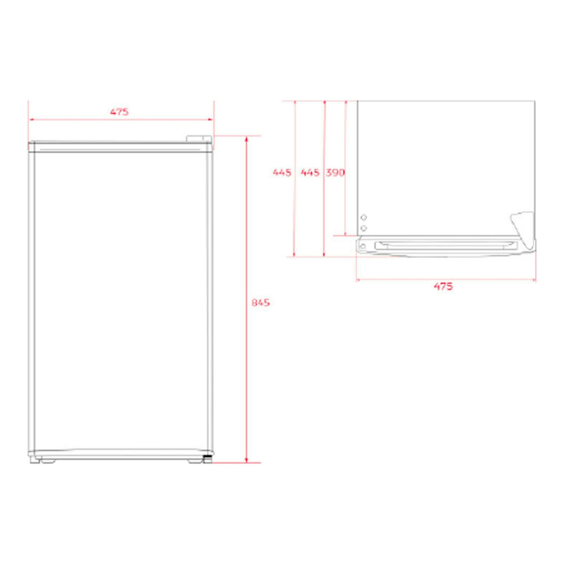 Plano técnico del frigorífico de una puerta Teka RSR10138 blanco, vistas frontal y lateral con medidas.