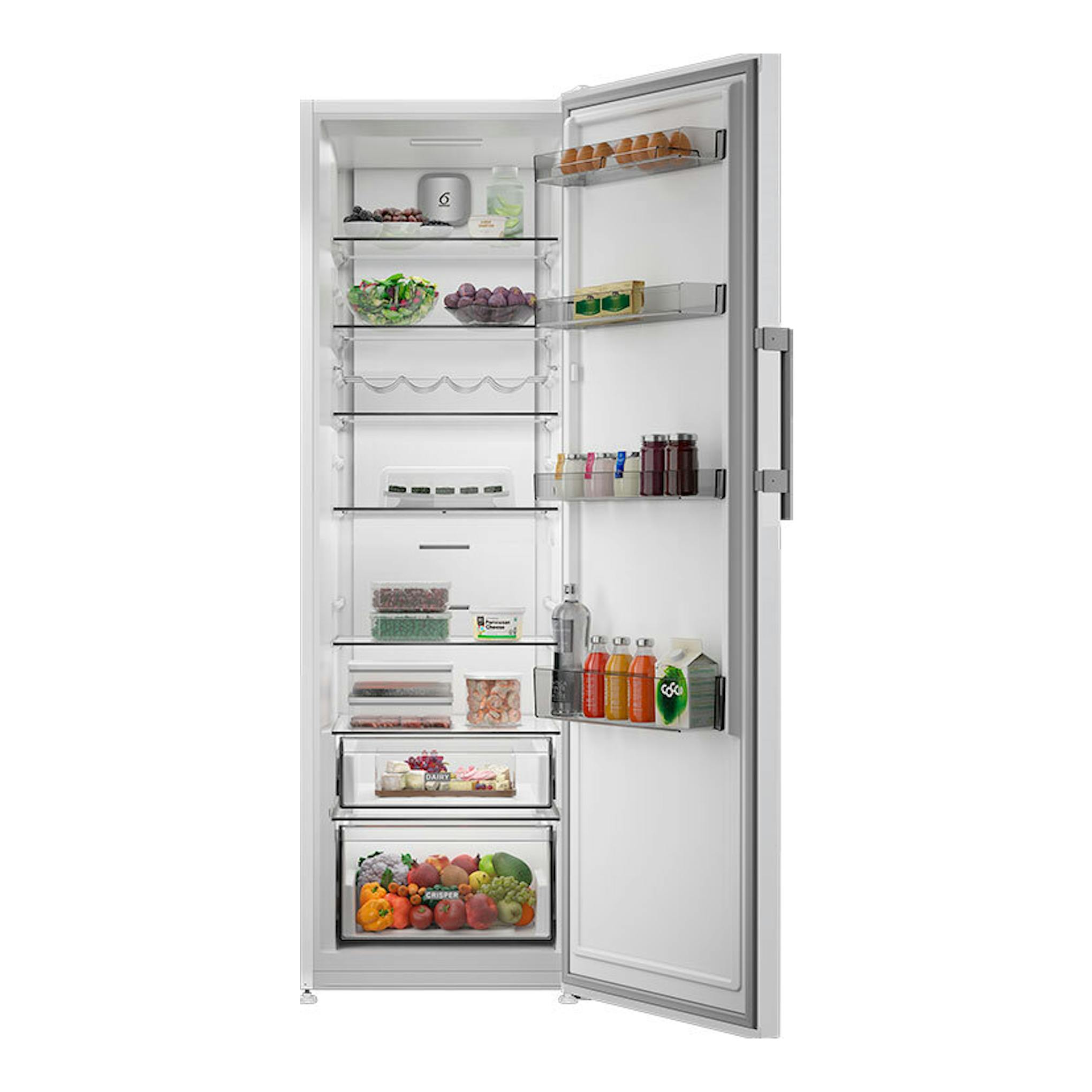 Frigorífico Whirlpool WHMLF 6442 W4E blanco, vista frontal con la puerta abierta y el interior visible.