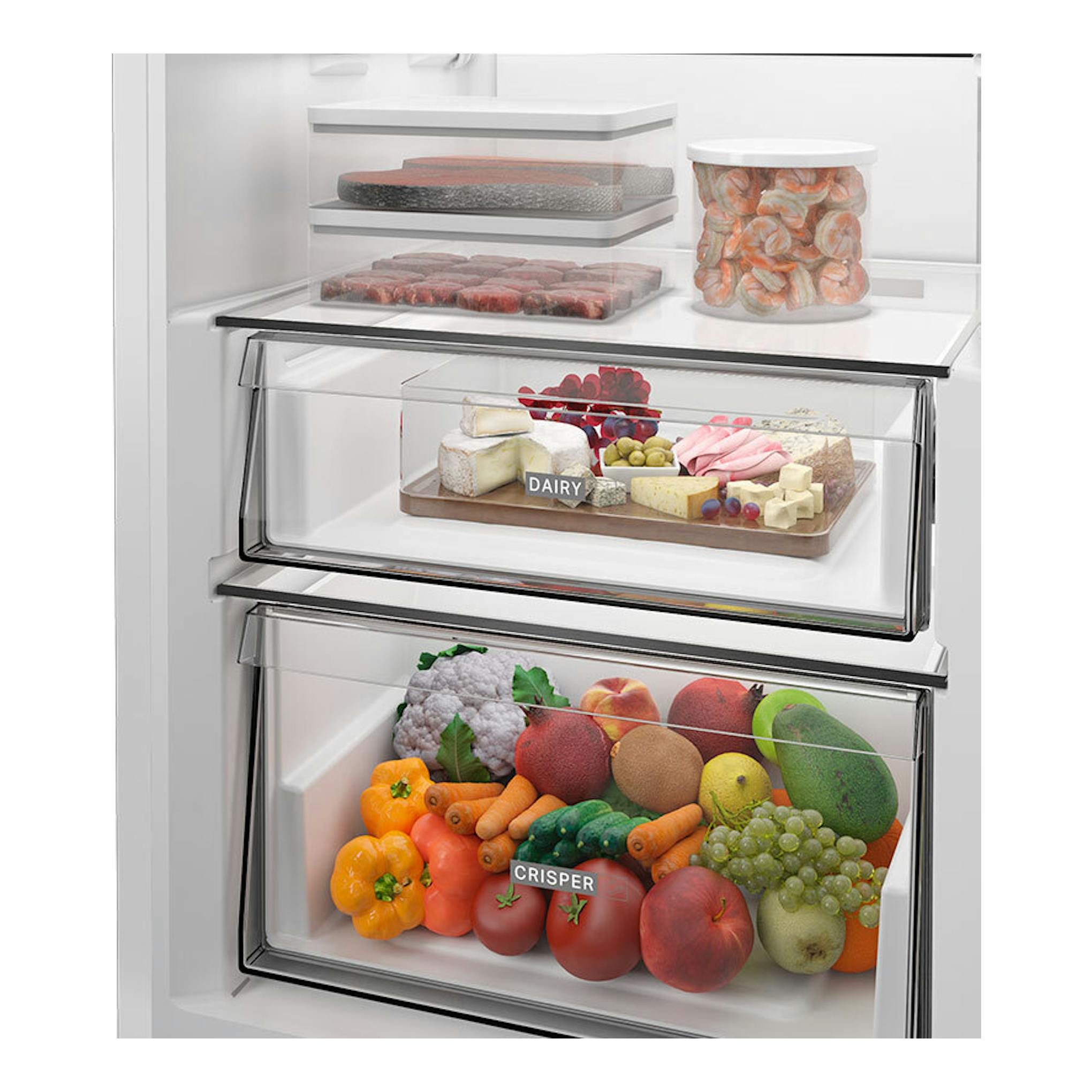 Interior de frigorífico Whirlpool WHMLF 6442 W4E blanco con estantes, cajones transparentes y alimentos.