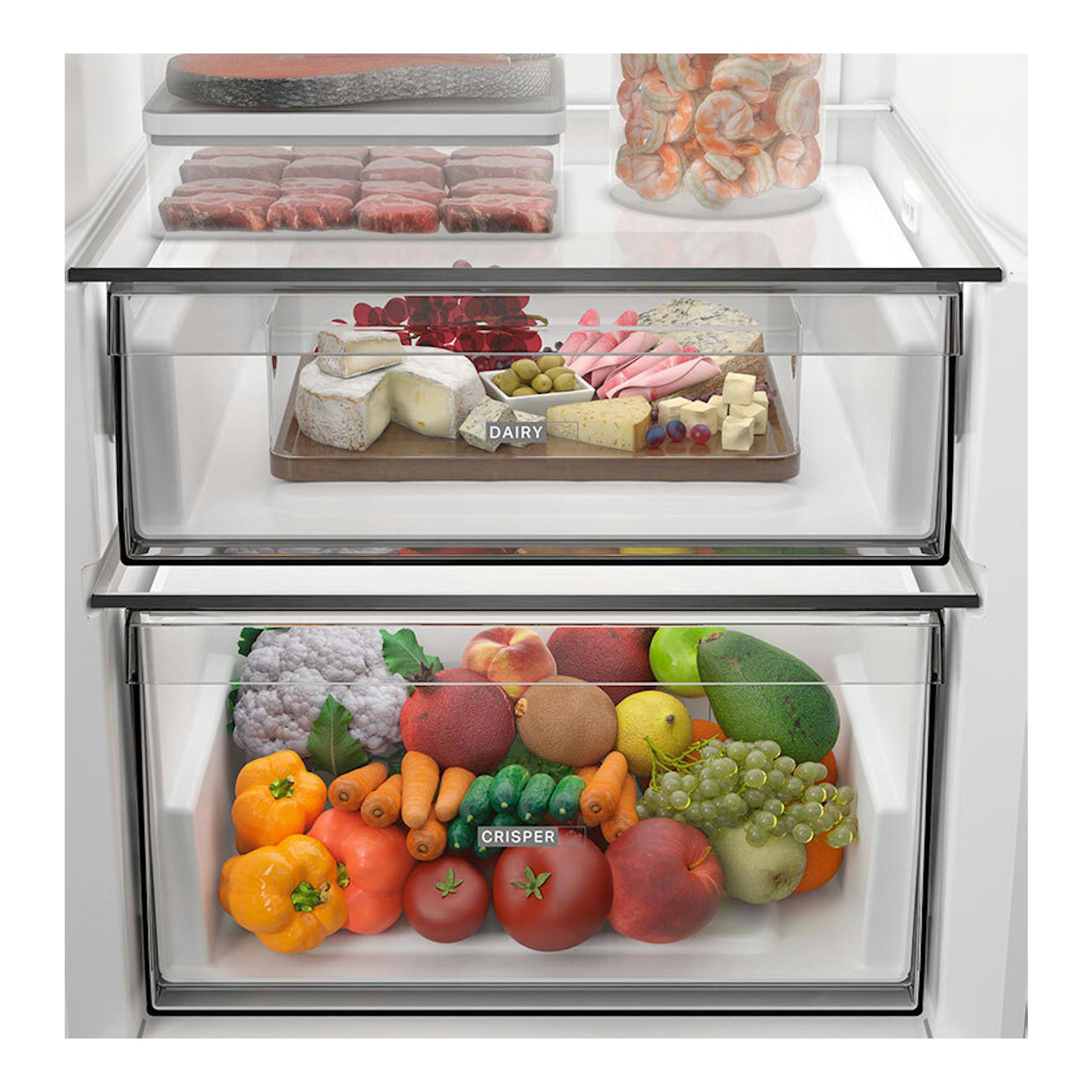 Interior frontal de frigorífico Whirlpool WHMLF 6442 W4E blanco, con cajones transparentes y alimentos.