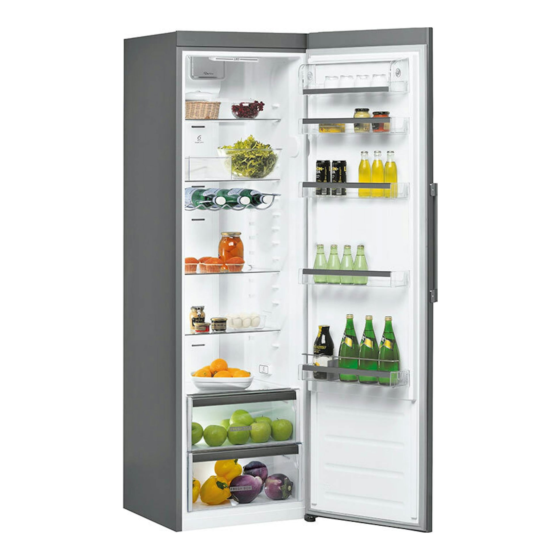 Frigorífico Whirlpool WHMLF 6442 XP4E inox, vista frontal con la puerta abierta y estantes llenos.