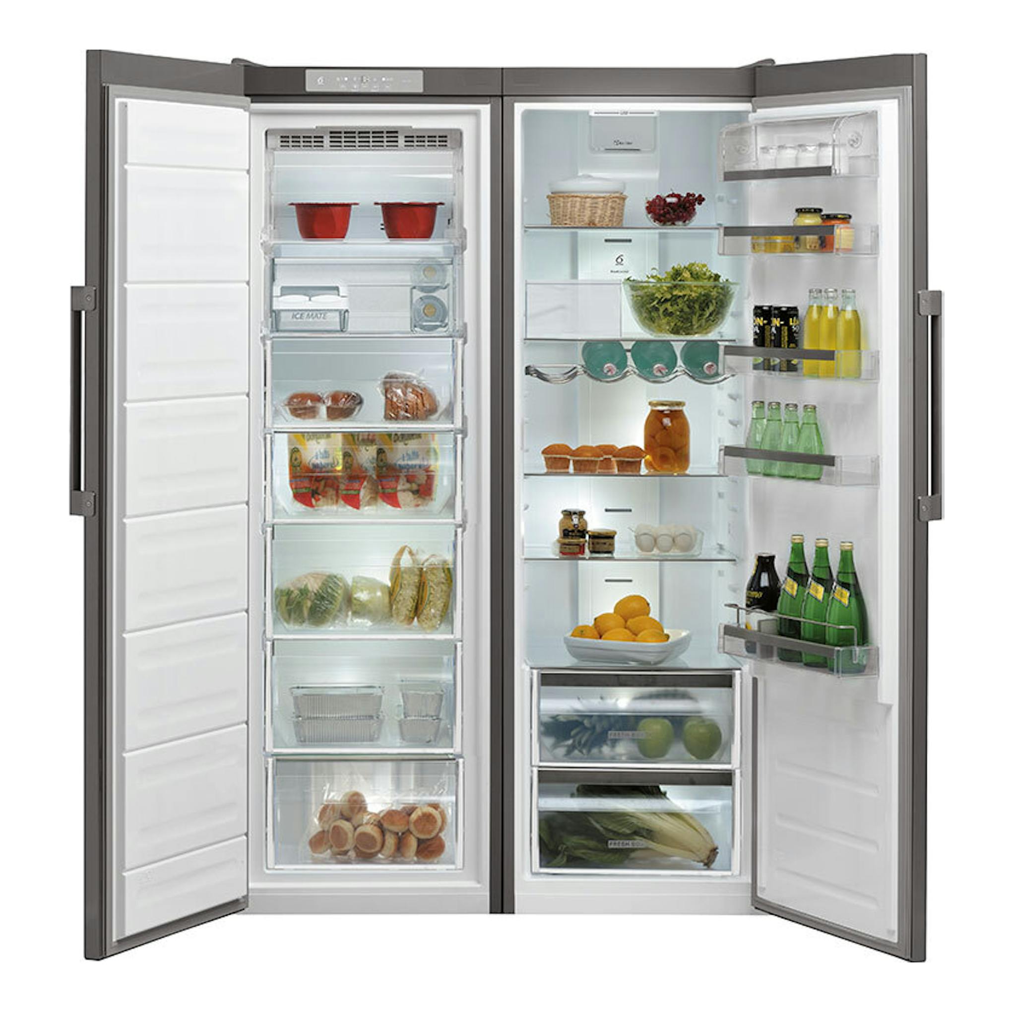 Frigorífico Whirlpool WHMLF 6442 XP4E inox, vista frontal con dos puertas abiertas y compartimentos visibles.