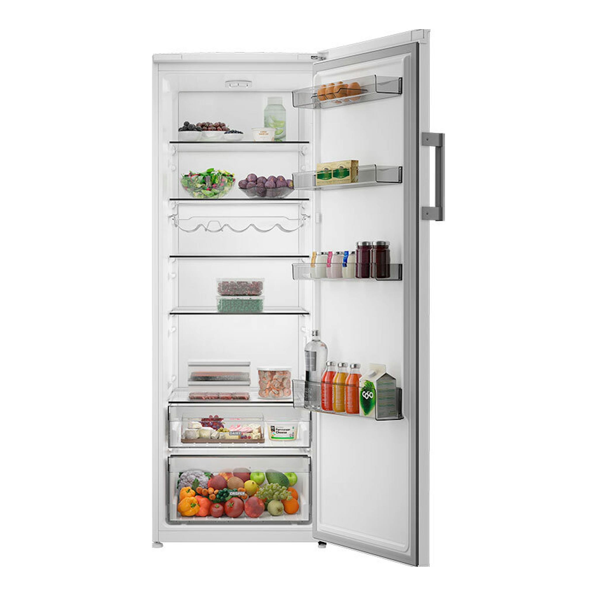 Frigorífico Whirlpool WHMLS 2411 W4E blanco, puerta abierta y vista frontal del interior con estantes y alimentos.
