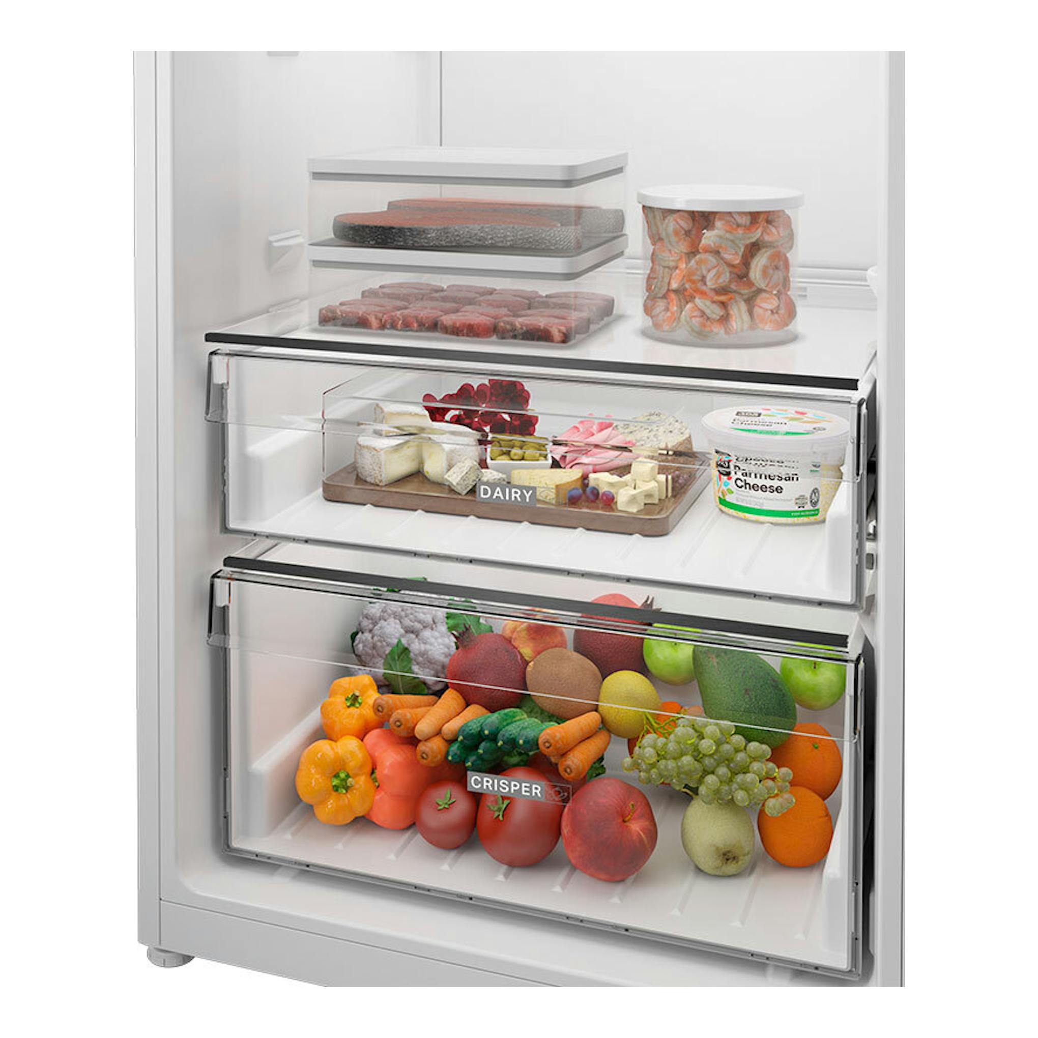 Interior de frigorífico Whirlpool WHMLS 2411 W4E blanco, vista frontal con estantes, cajones y alimentos.