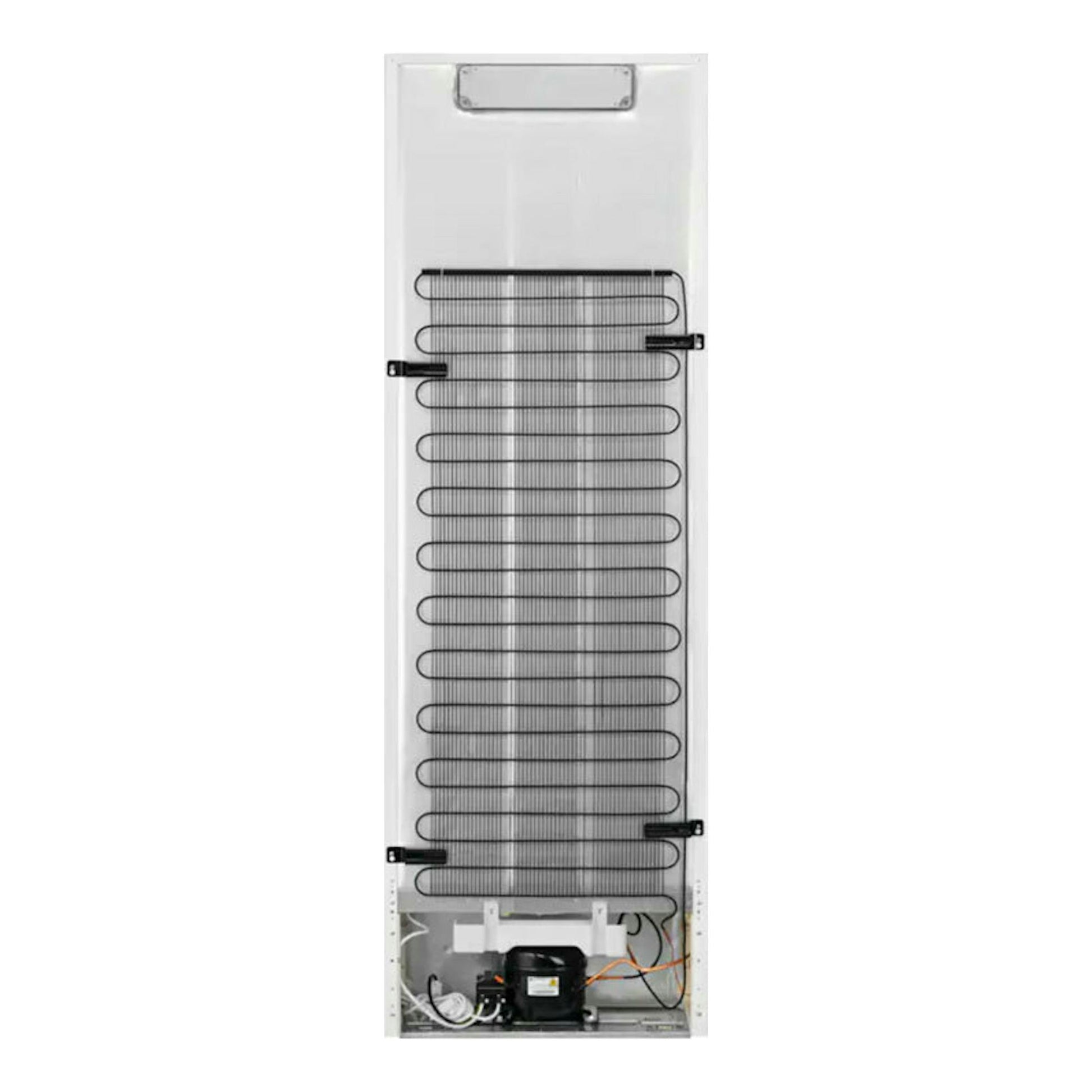 Frigorífico AEG ORK7M391EW blanco, vista trasera con serpentín y compresor visibles.