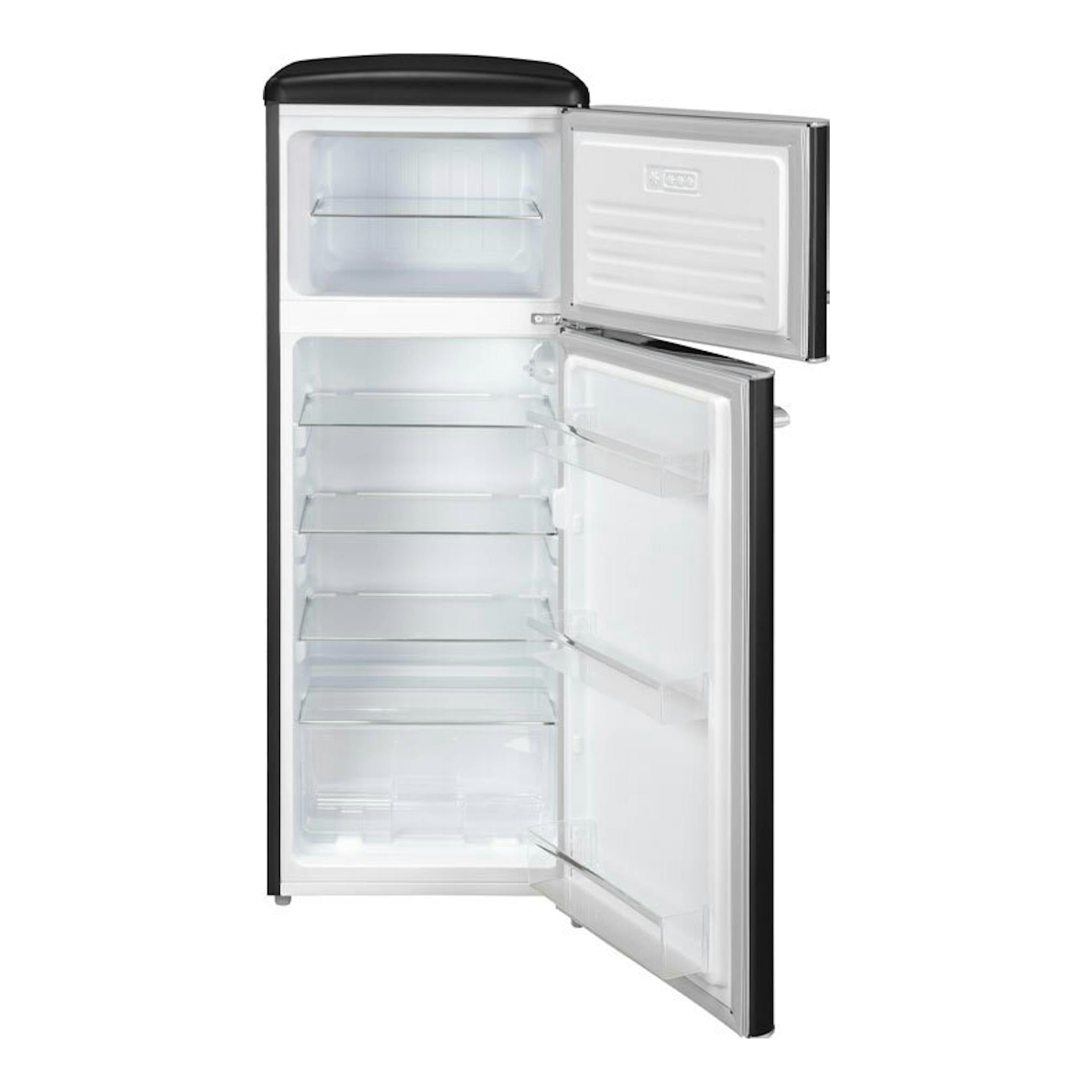 Frigorífico Exquisit RKGC270-45-H-160E negro mate, vista frontal, dos puertas abiertas con interior visible.