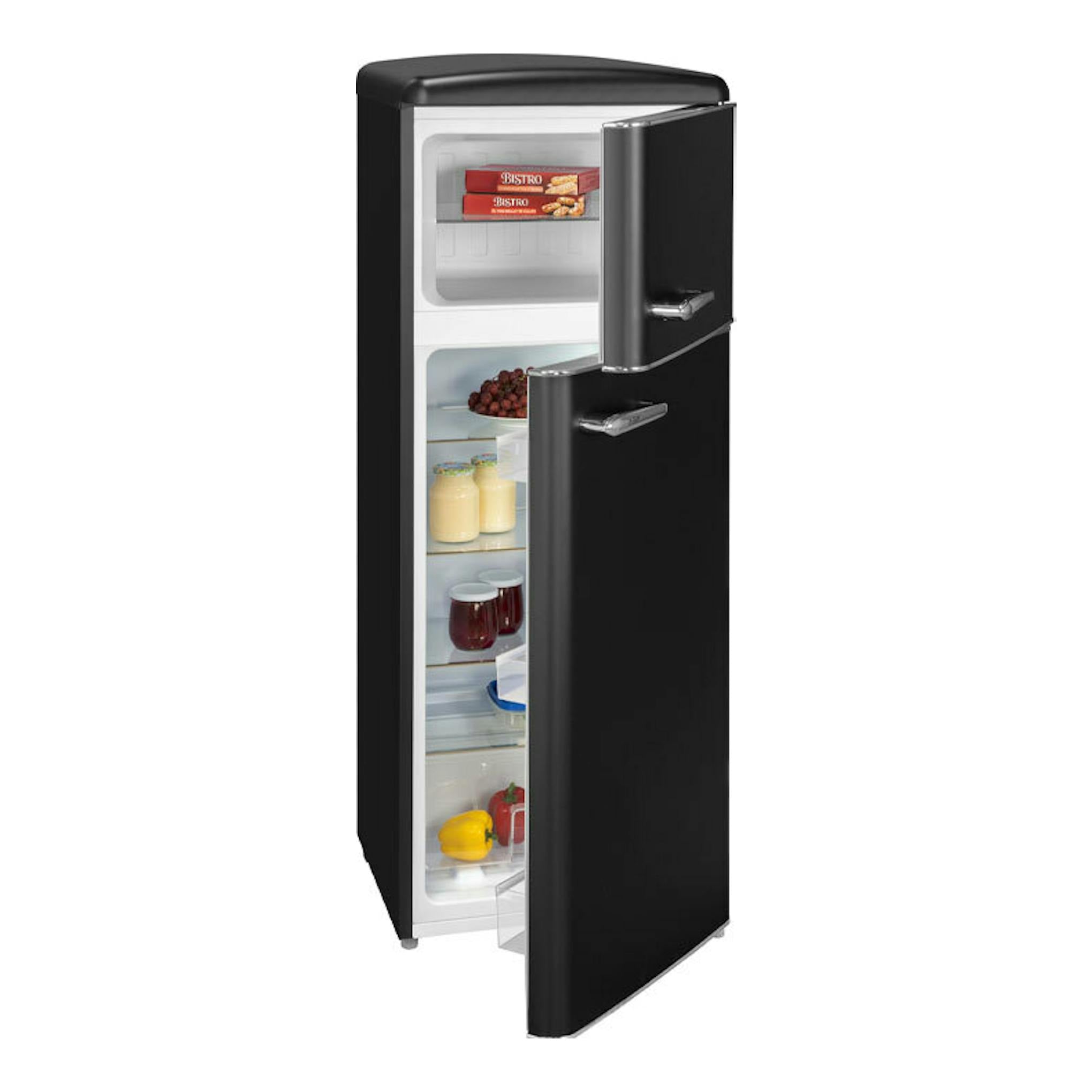 Frigorífico Exquisit RKGC270-45-H-160E negro mate, vista frontal en ángulo con la puerta abierta.