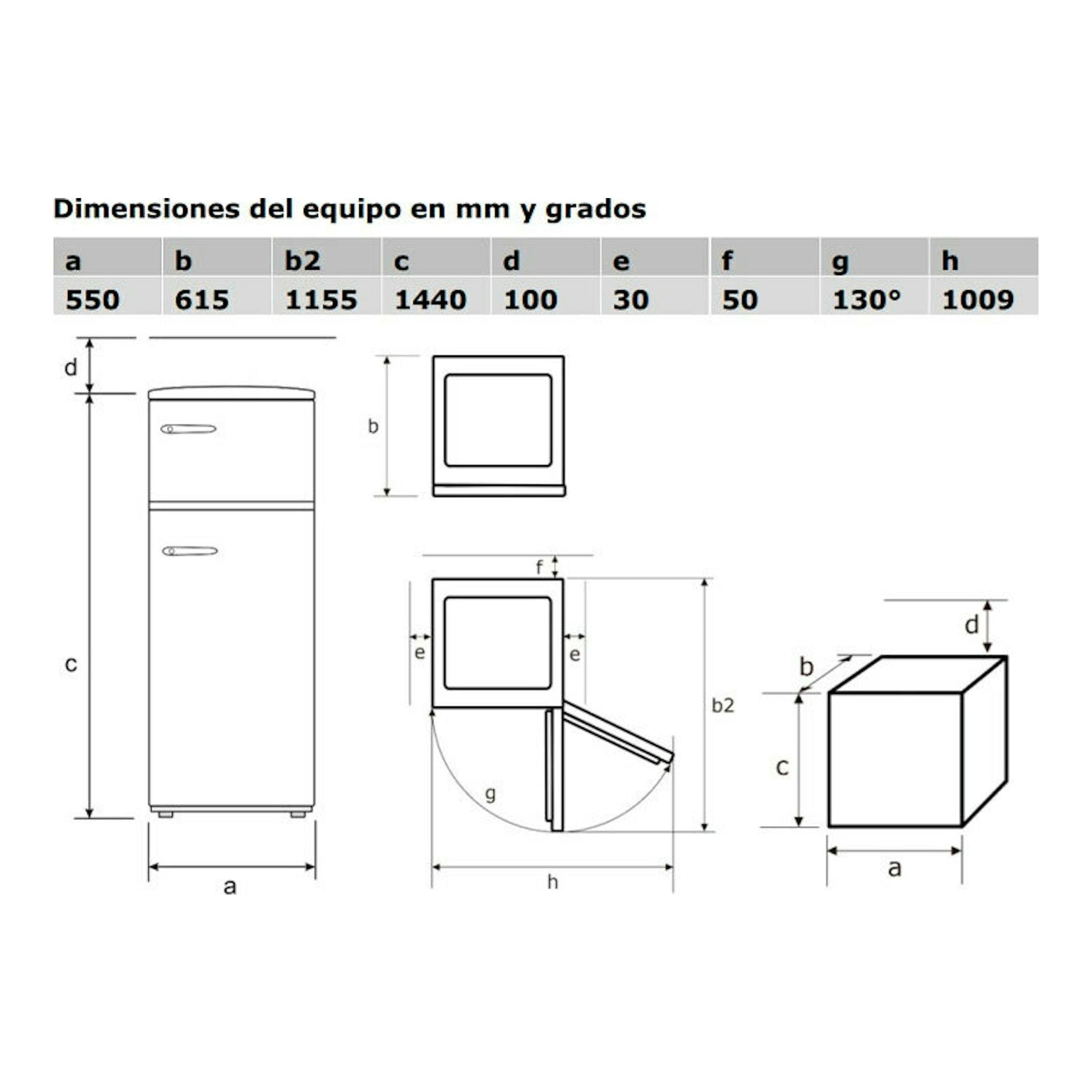 Diagrama de dimensiones de frigorífico Exquisit RKGC270-45-H-160E rojo, vista frontal y lateral.