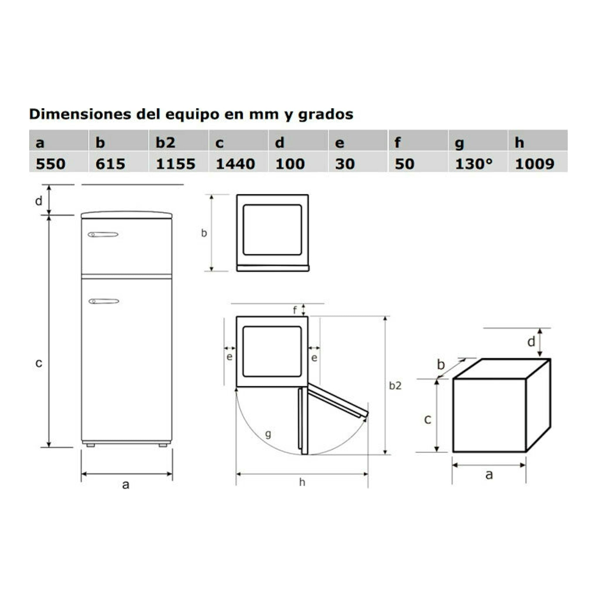 Diagrama de dimensiones de frigorífico Exquisit RKGC270-45-H-160E rojo, vista frontal y lateral.