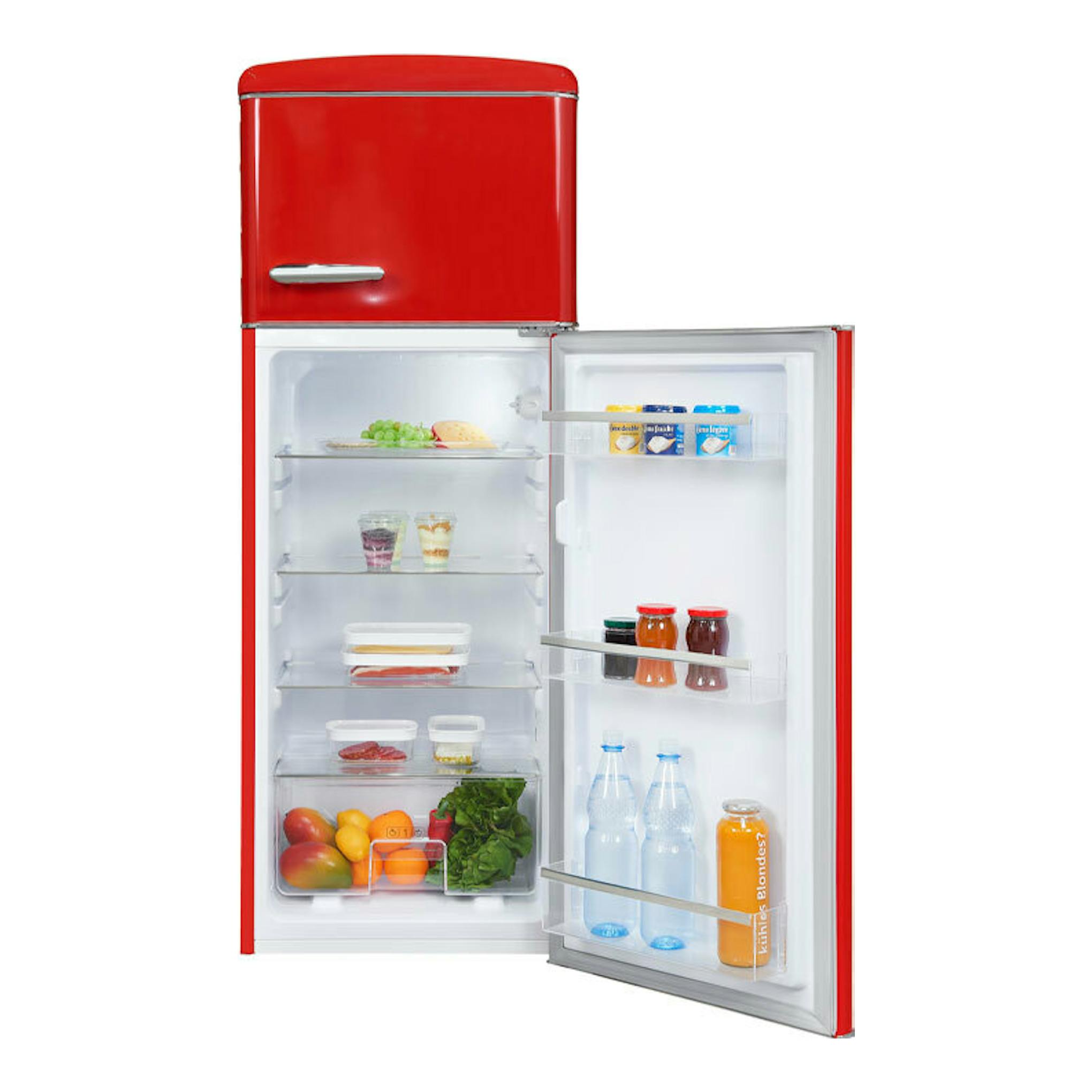Frigorífico Exquisit RKGC270-45-H-160E rojo, vista frontal con la puerta superior e inferior abiertas.