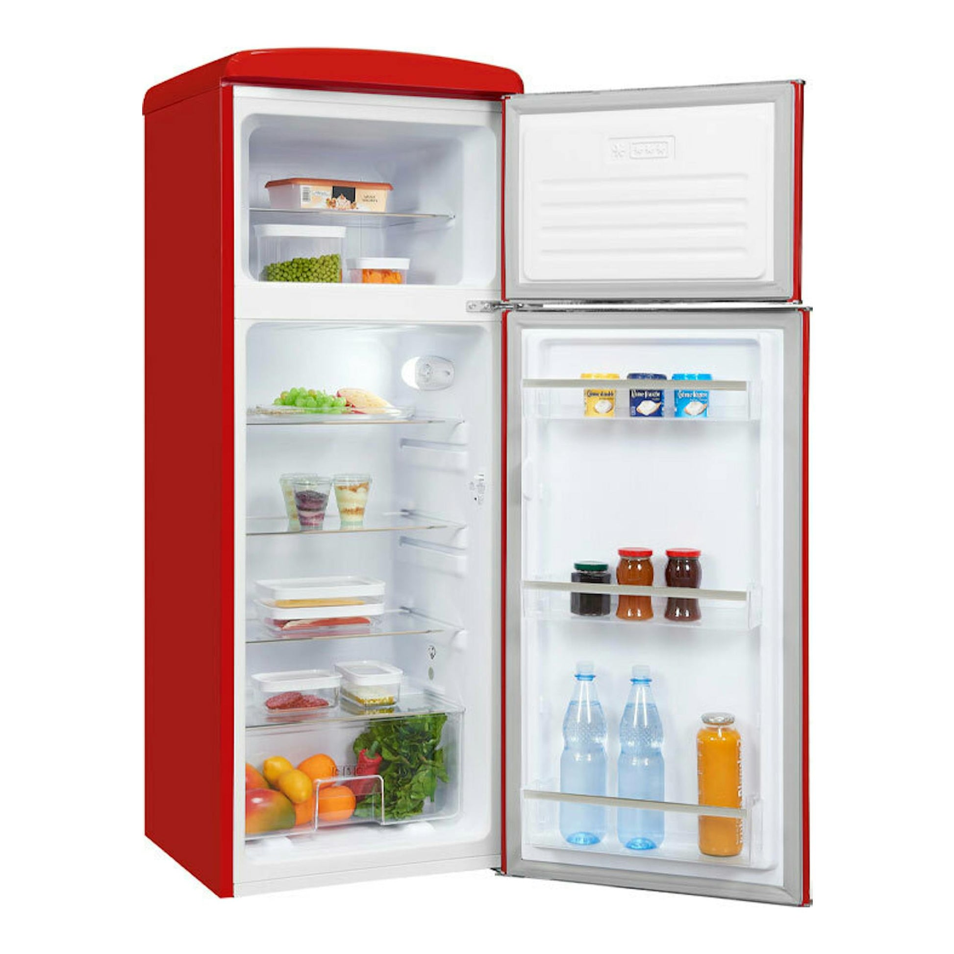 Frigorífico Exquisit RKGC270-45-H-160E rojo, vista frontal en ángulo, dos puertas abiertas.