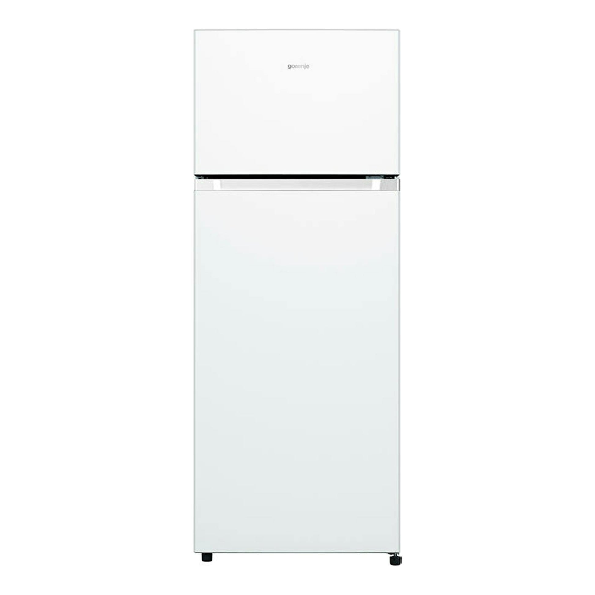 Frigorífico blanco Gorenje de dos puertas, vista frontal, con congelador superior.