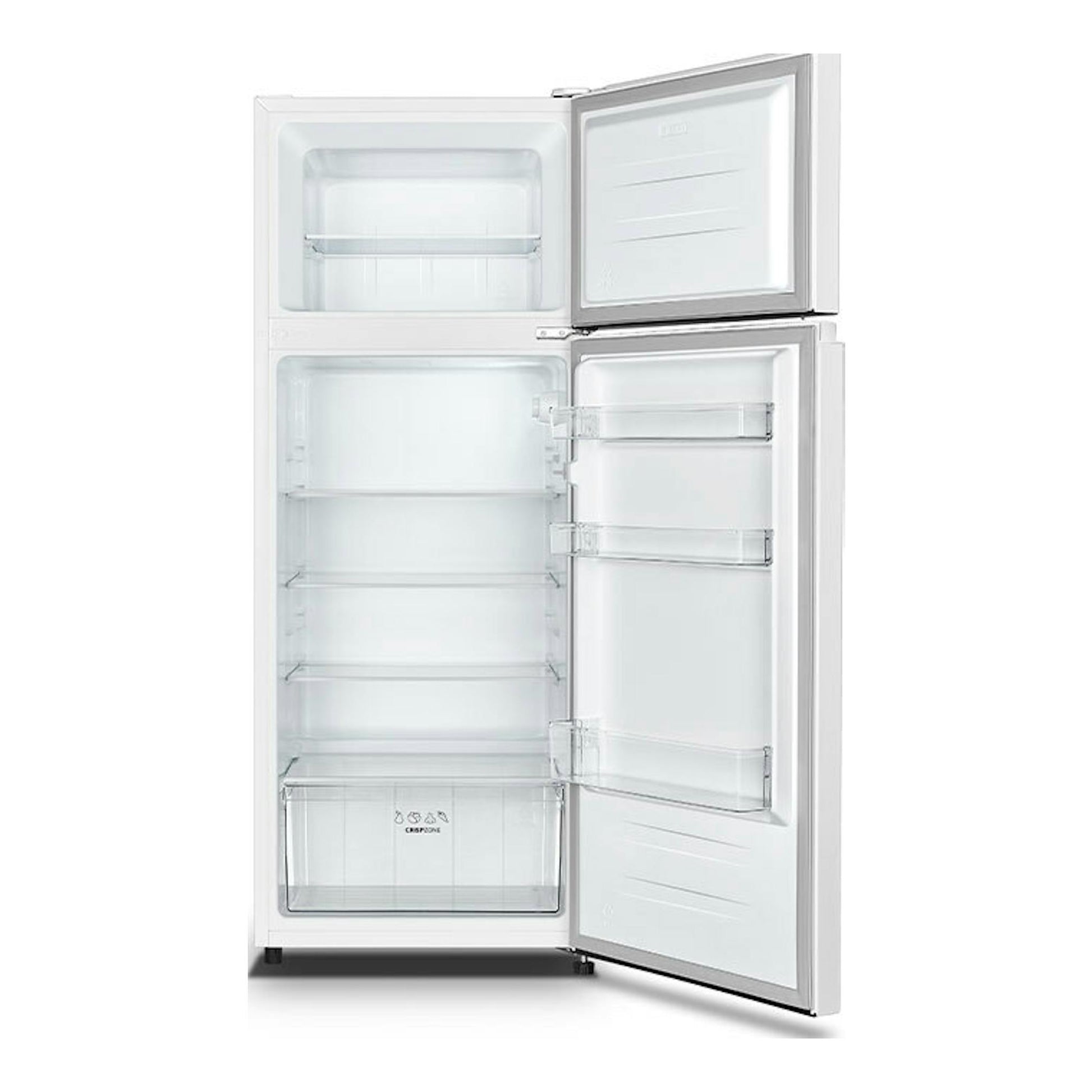 Frigorífico Hisense RT267D4AWE blanco de dos puertas, visto de frente con puertas abiertas.