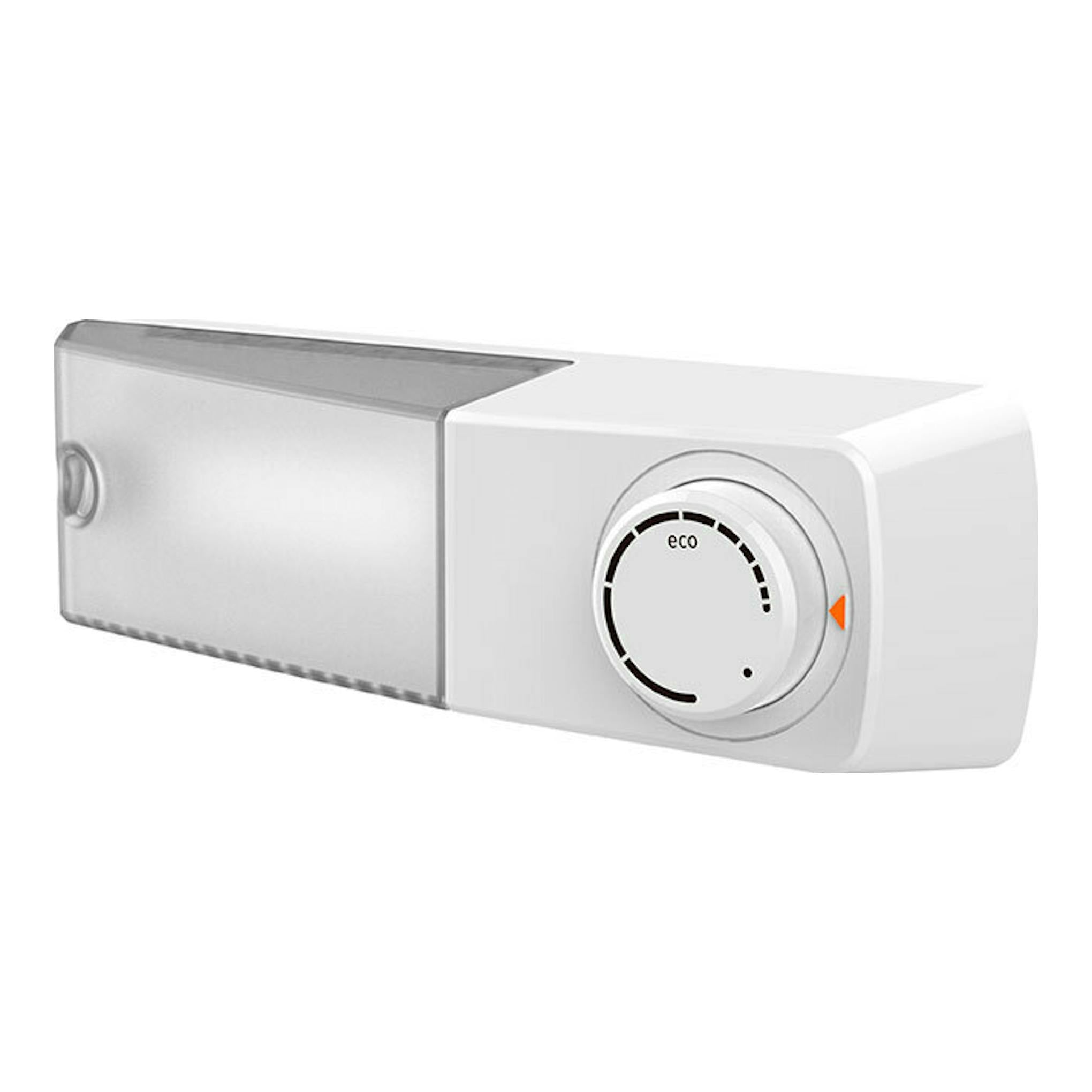 Vista en perspectiva de un aparato blanco con dial circular “eco” y panel frontal metálico.