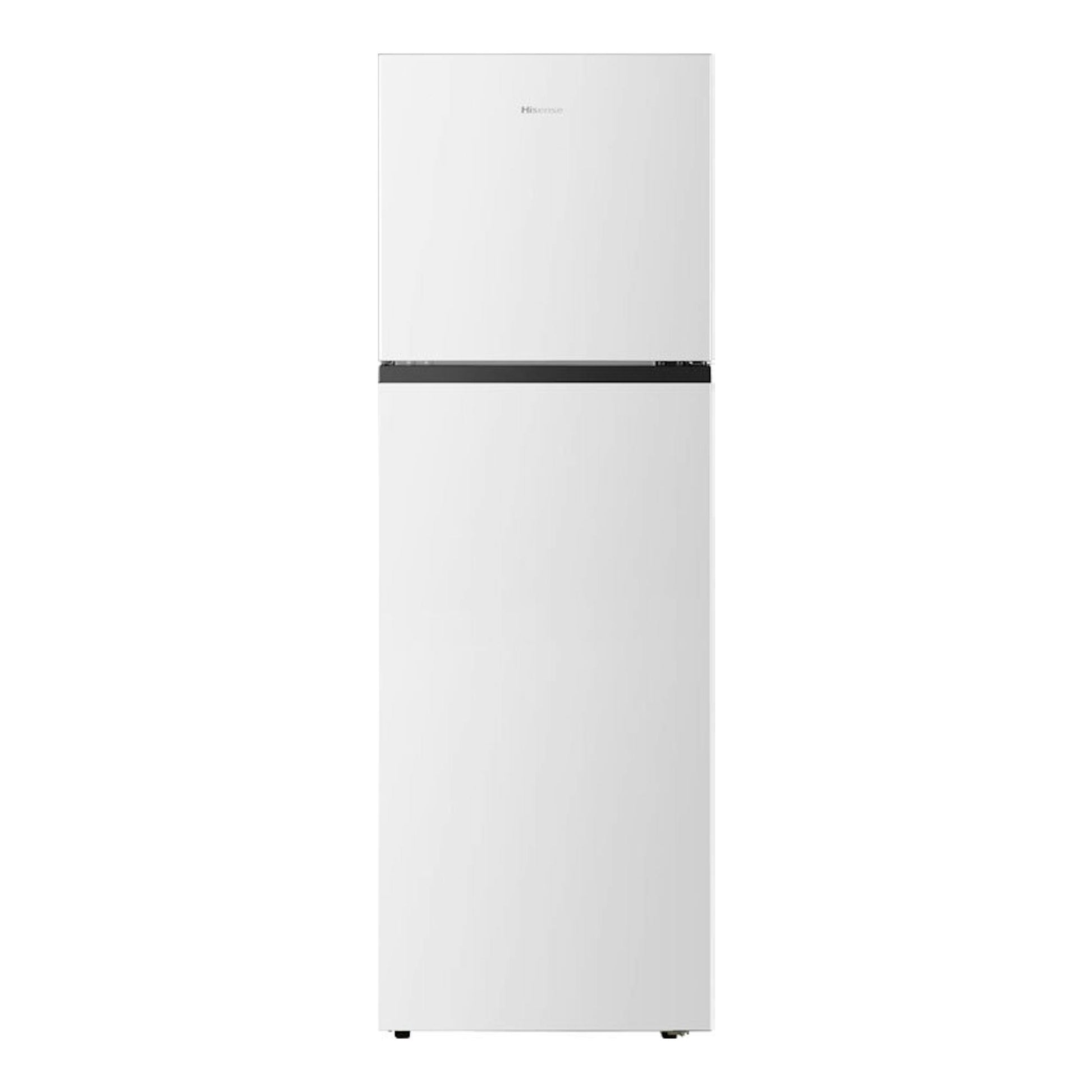 Frigorífico Hisense RT327N4AWE blanco, vista frontal, con dos puertas y congelador superior.