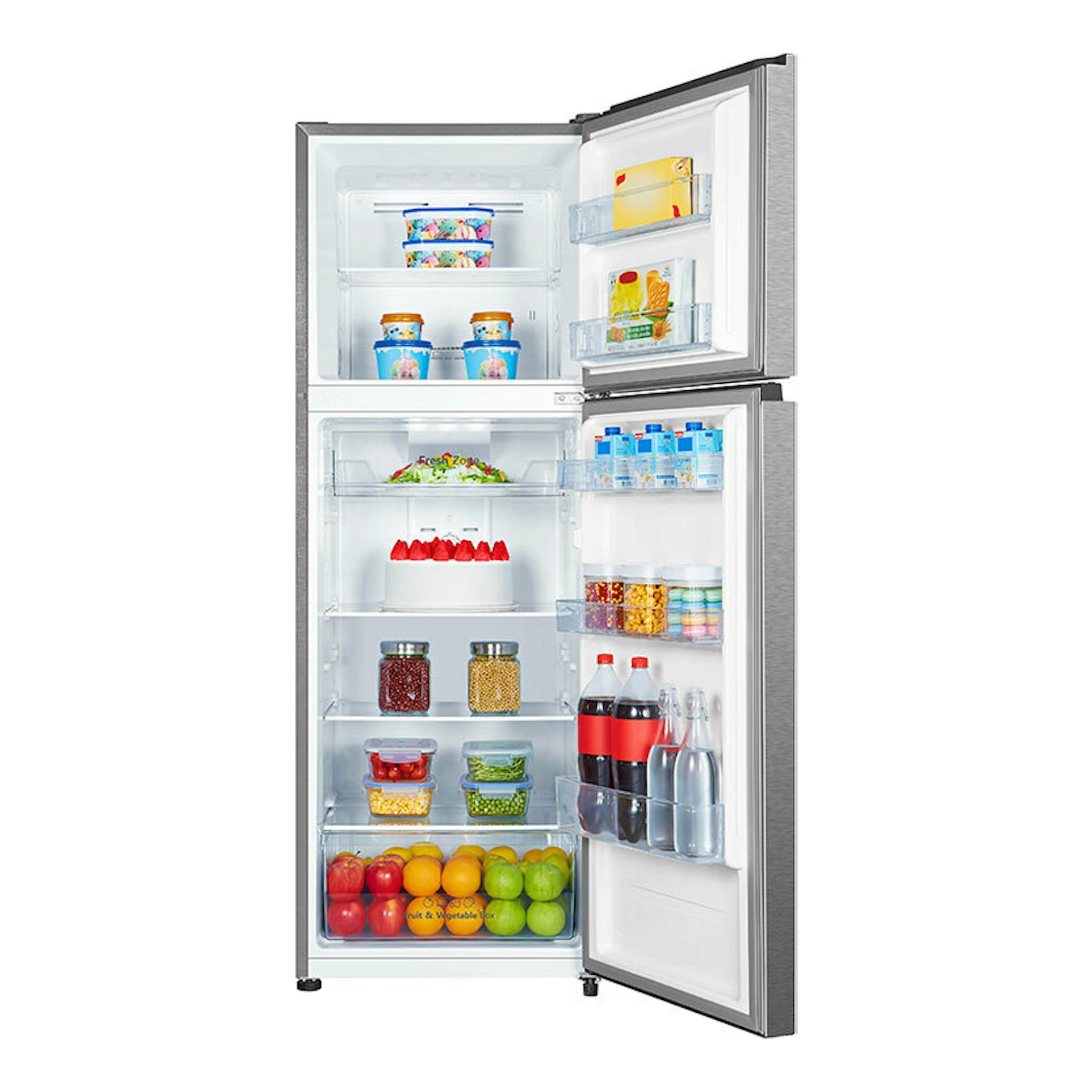 Frigorífico Hisense RT422N4ACE inox, vista frontal abierta de dos puertas con interior blanco y estantes llenos.