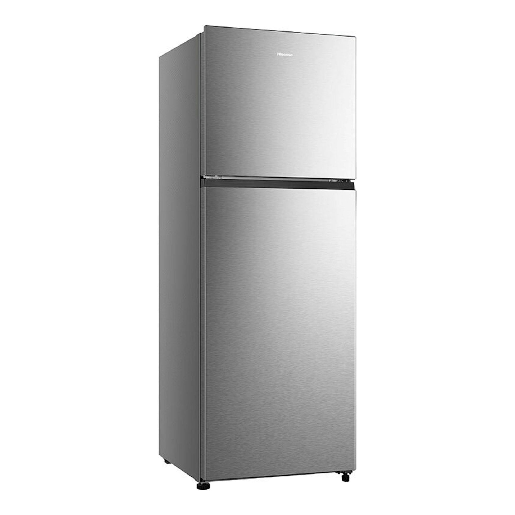 Frigorífico Hisense RT422N4ACE inox de 2 puertas, vista frontal en ángulo, color plateado.