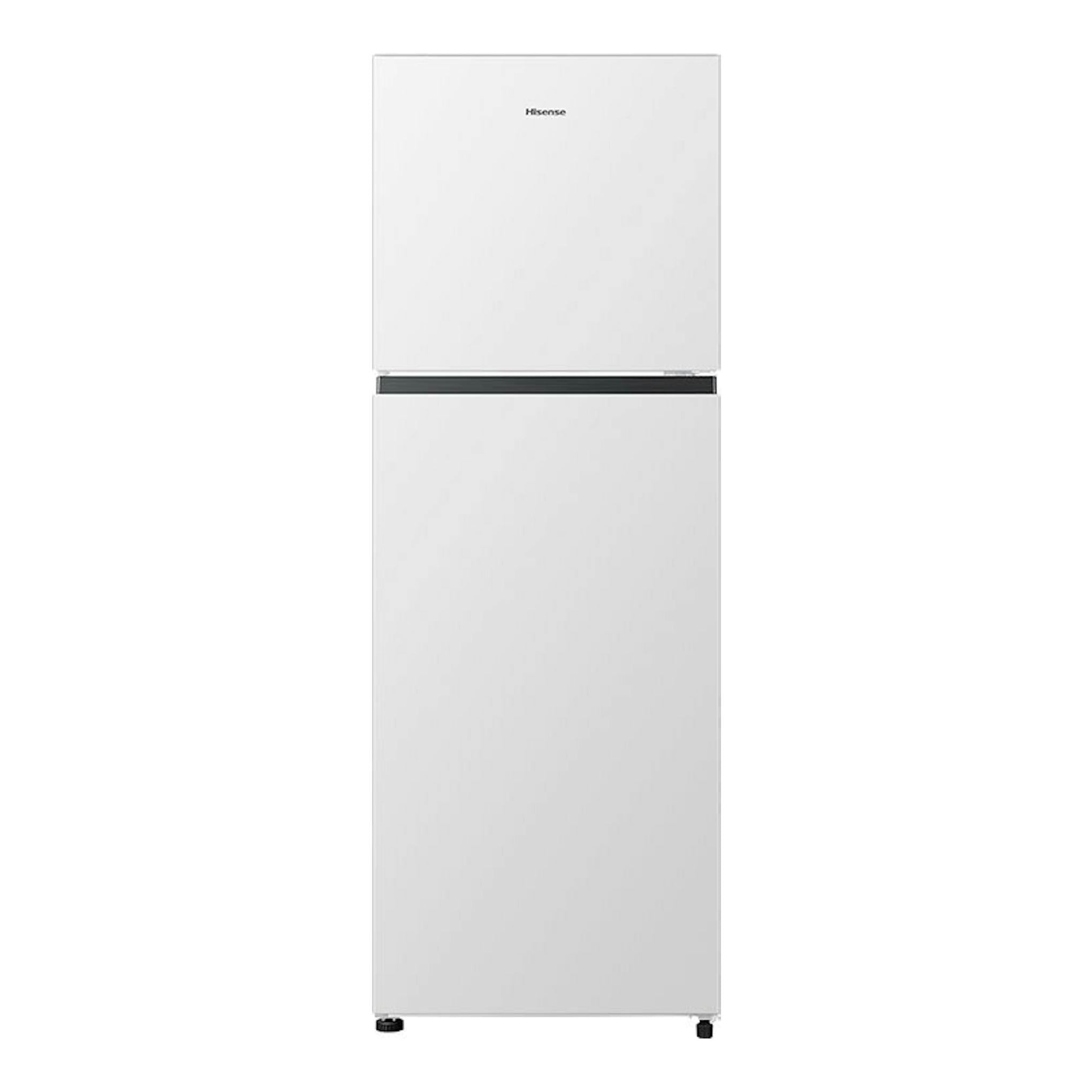 Frigorífico Hisense RT422N4AWE blanco, vista frontal, con dos puertas y tirador negro.