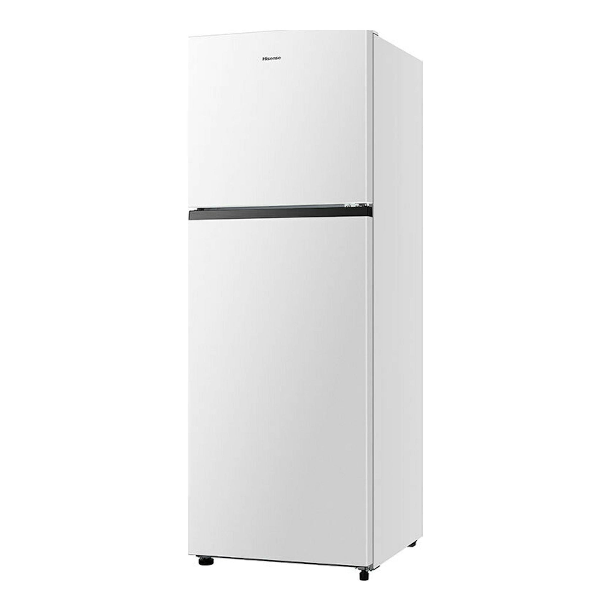 Frigorífico Hisense RT422N4AWE blanco, vista frontal en ángulo derecho, de dos puertas.
