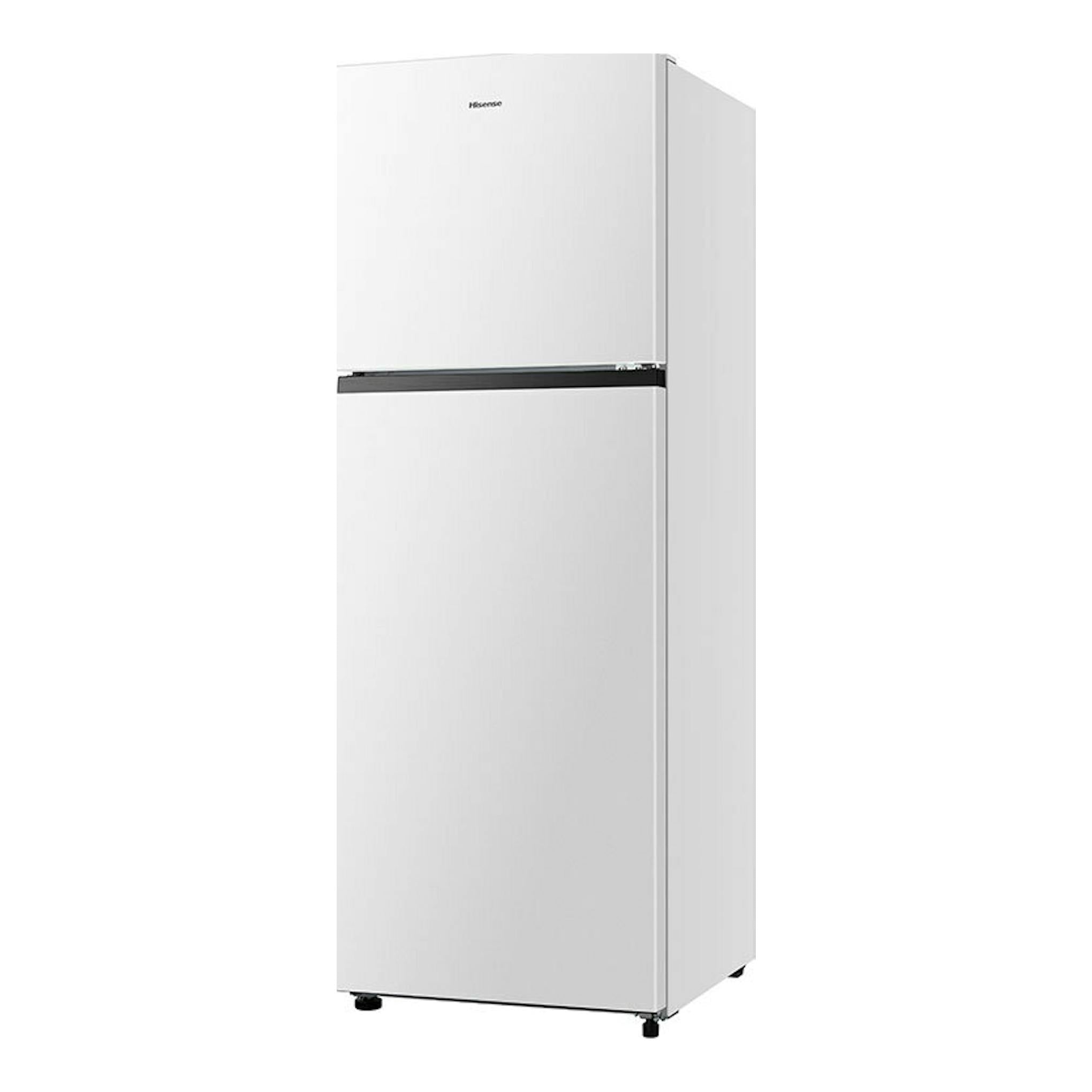 Frigorífico Hisense RT422N4AWE blanco, vista frontal en ángulo derecho, de dos puertas.