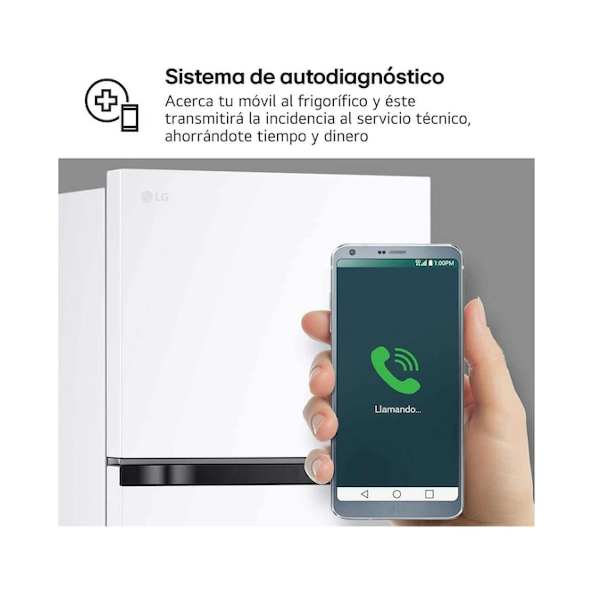 Frigorífico LG GTBV20SWZJD blanco en vista frontal, con una mano sosteniendo un móvil delante.